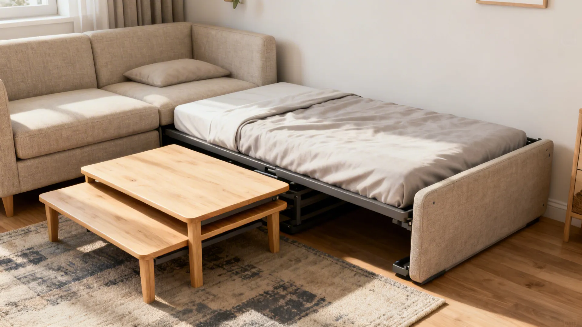 Compact convertible sofa-bed with nesting coffee tables in a small living room