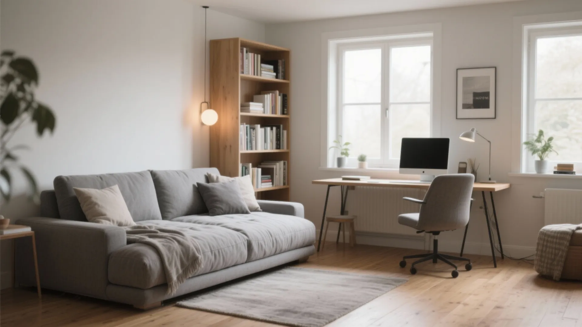 Bright home office featuring a grey sofa wooden desk chair tall bookshelf and natural light