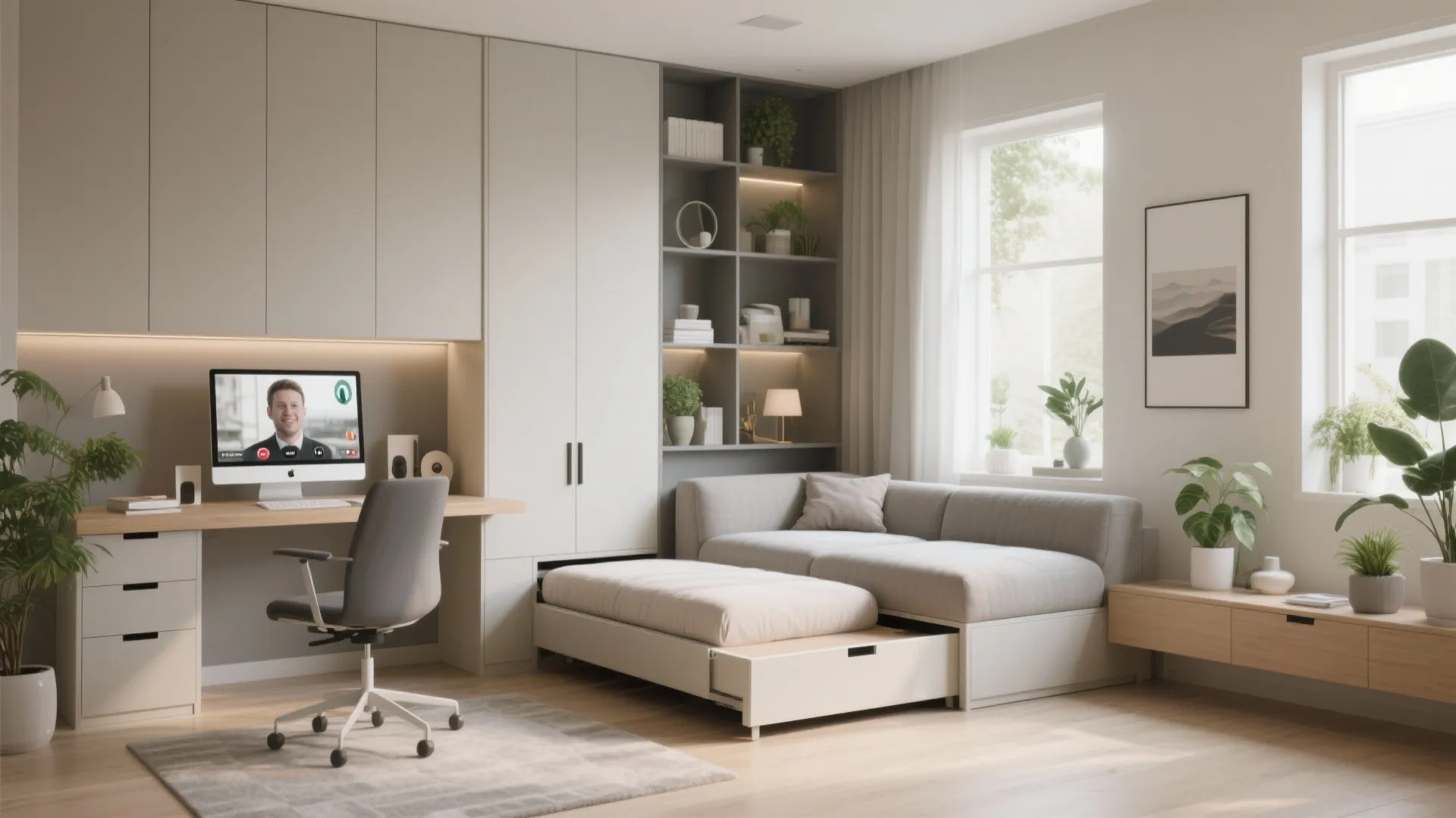 Home office with white desk, grey chair, pull out sofa bed, and wooden floor boards
