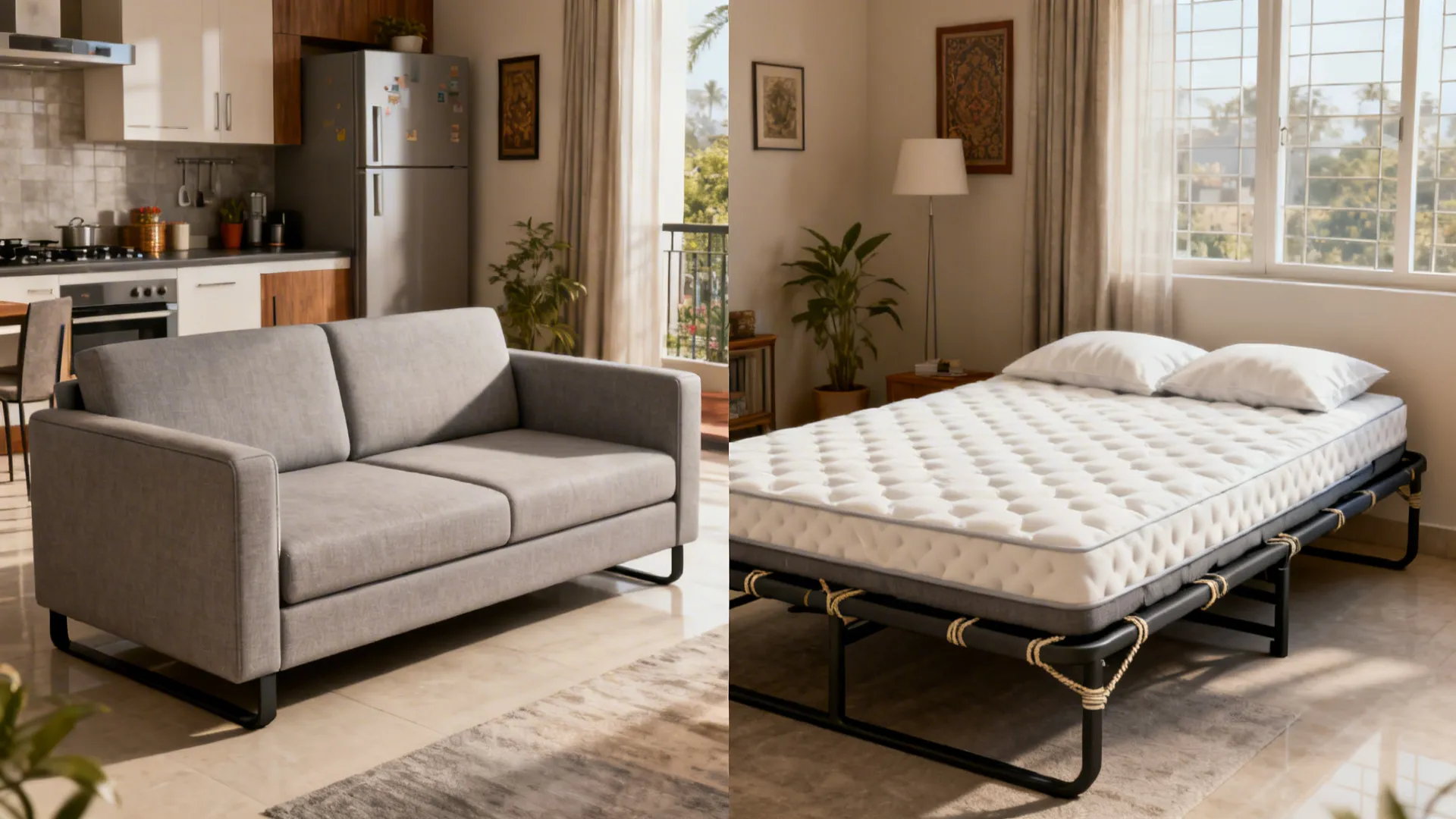 Sleek sofa bed shown in seating and unfolded bed modes with supportive foam mattress.