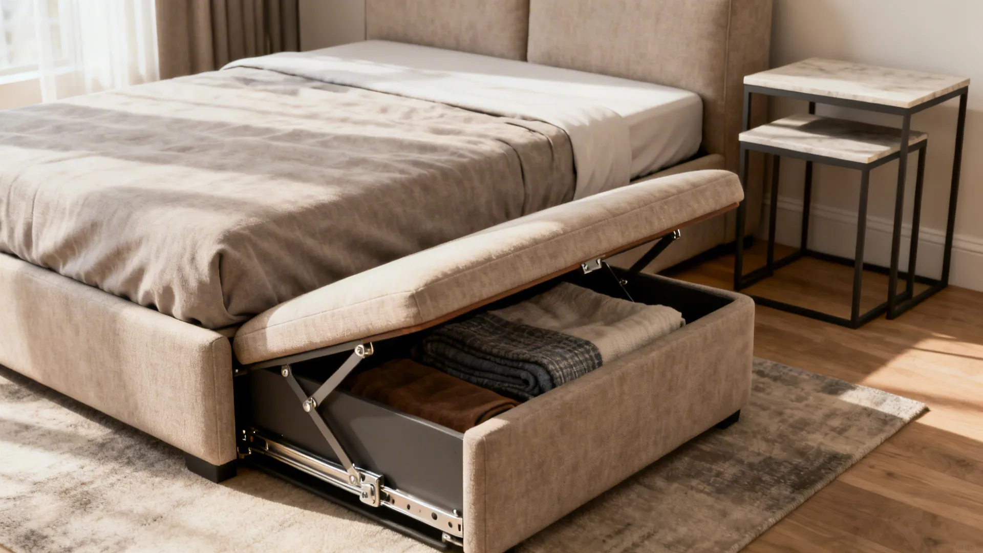 Bed with open storage base showing blankets inside, next to two marble top side tables