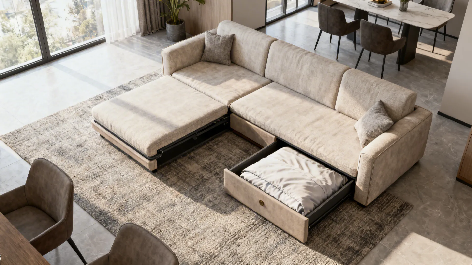 Top-down view of a small living room layout with a sofa bed and open storage ottoman illustrating circulation.