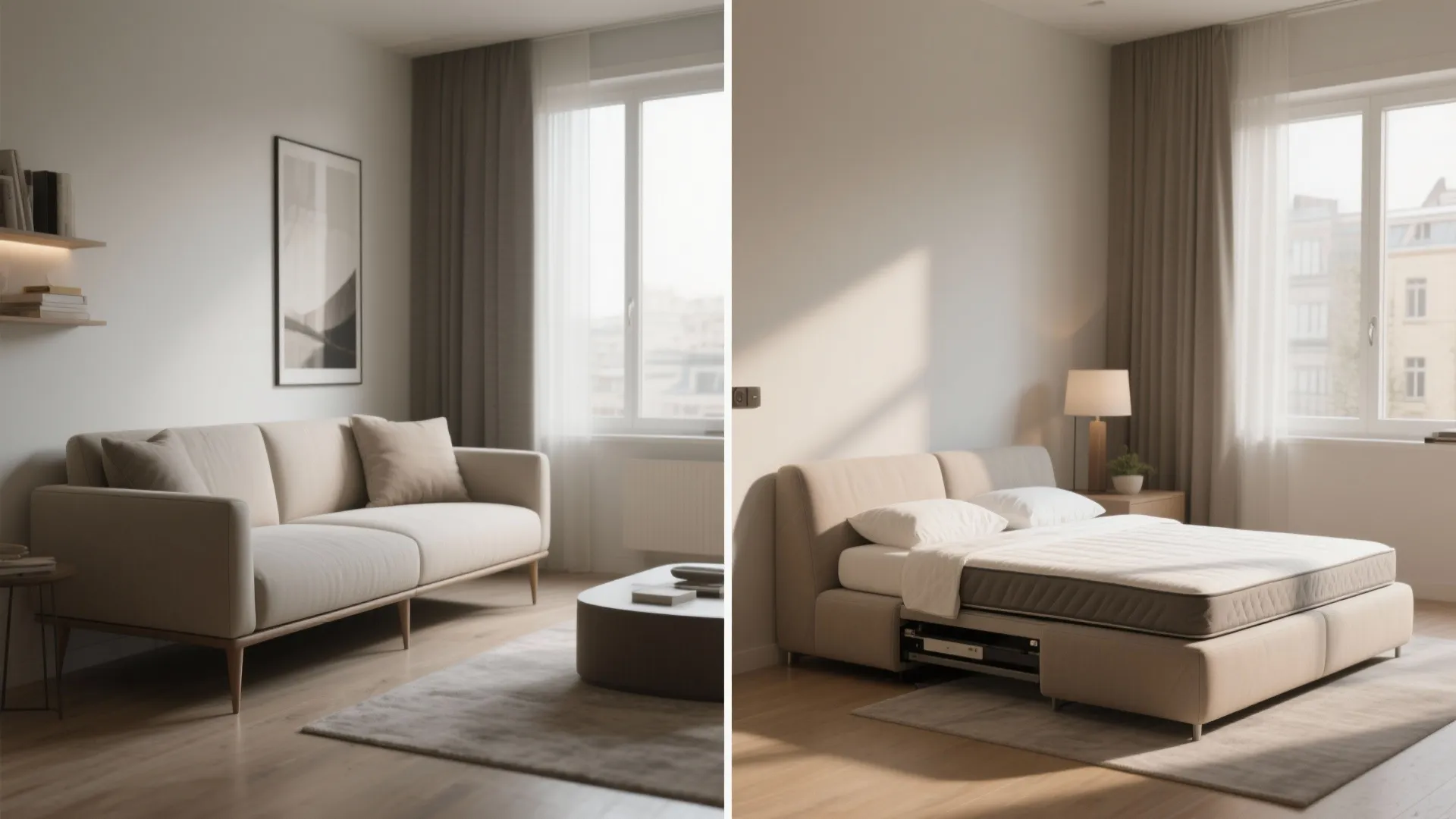 Split view of a slim-profile sofa and the same piece converted into a sleeper bed in a small living room.