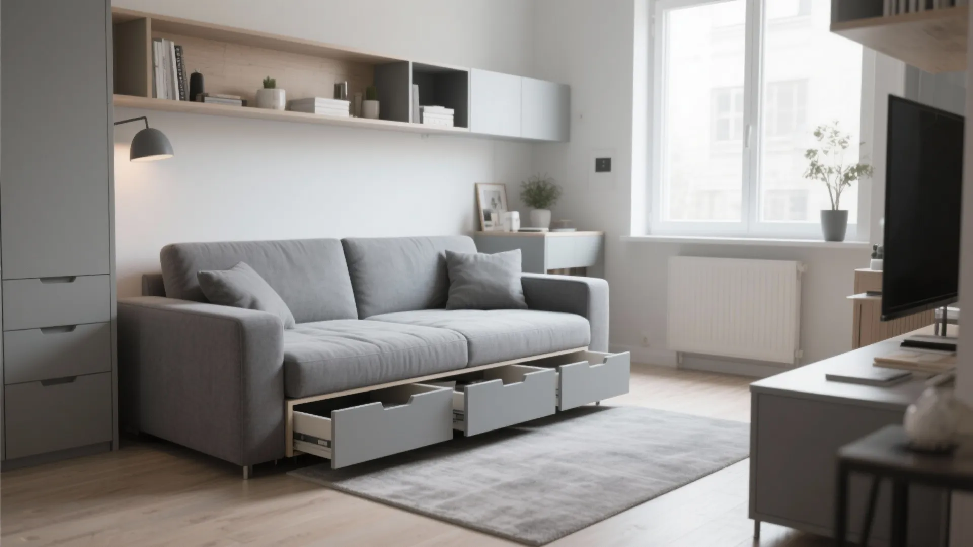 Modern grey sofa with open storage drawers underneath in a bright living room with window