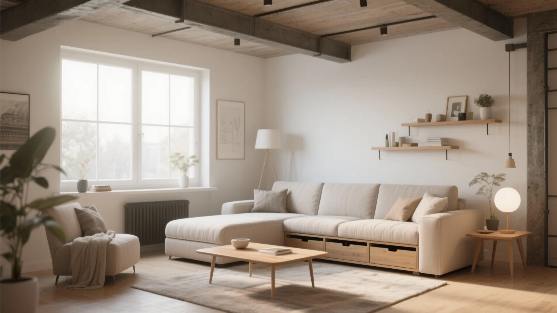 Large beige sofa with built in wooden storage drawers in bright modern living room design