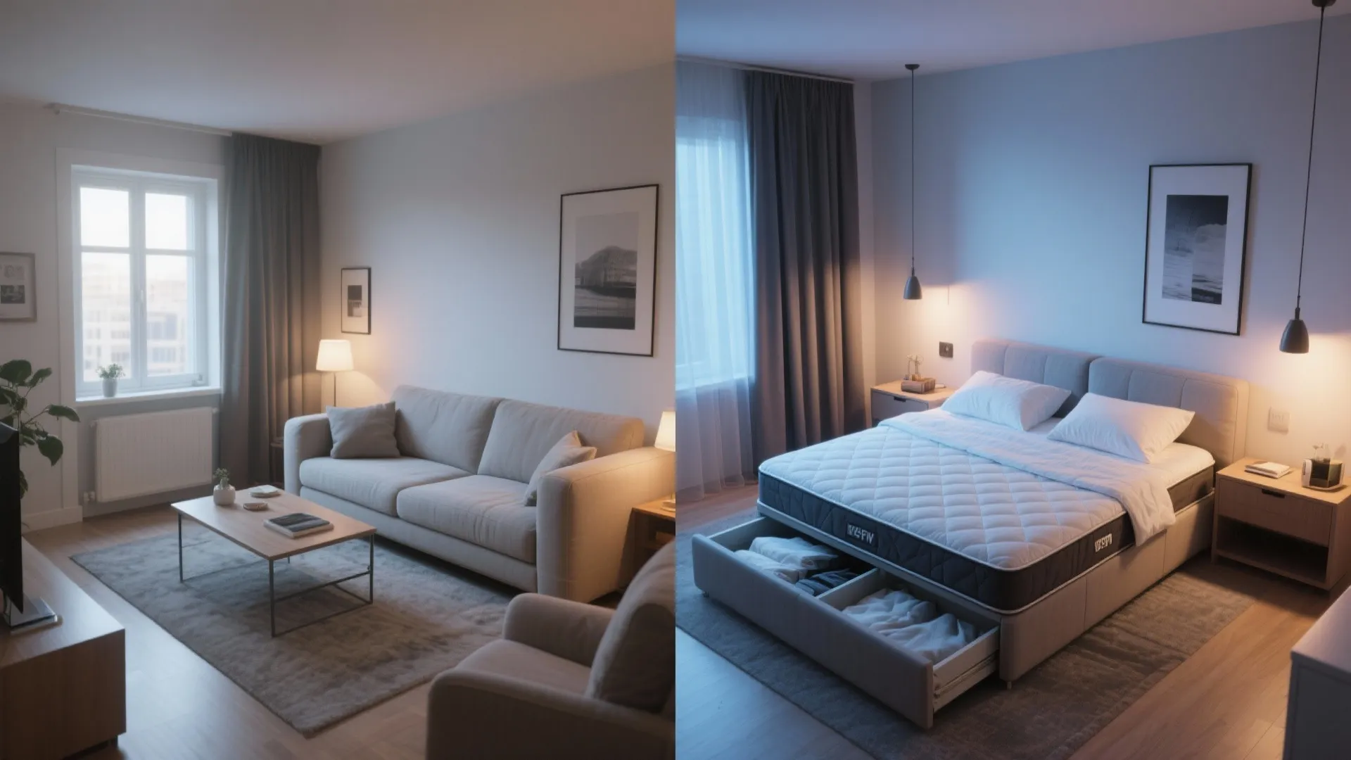 Comparison of a living room with sofa and a bedroom with bed including storage drawers