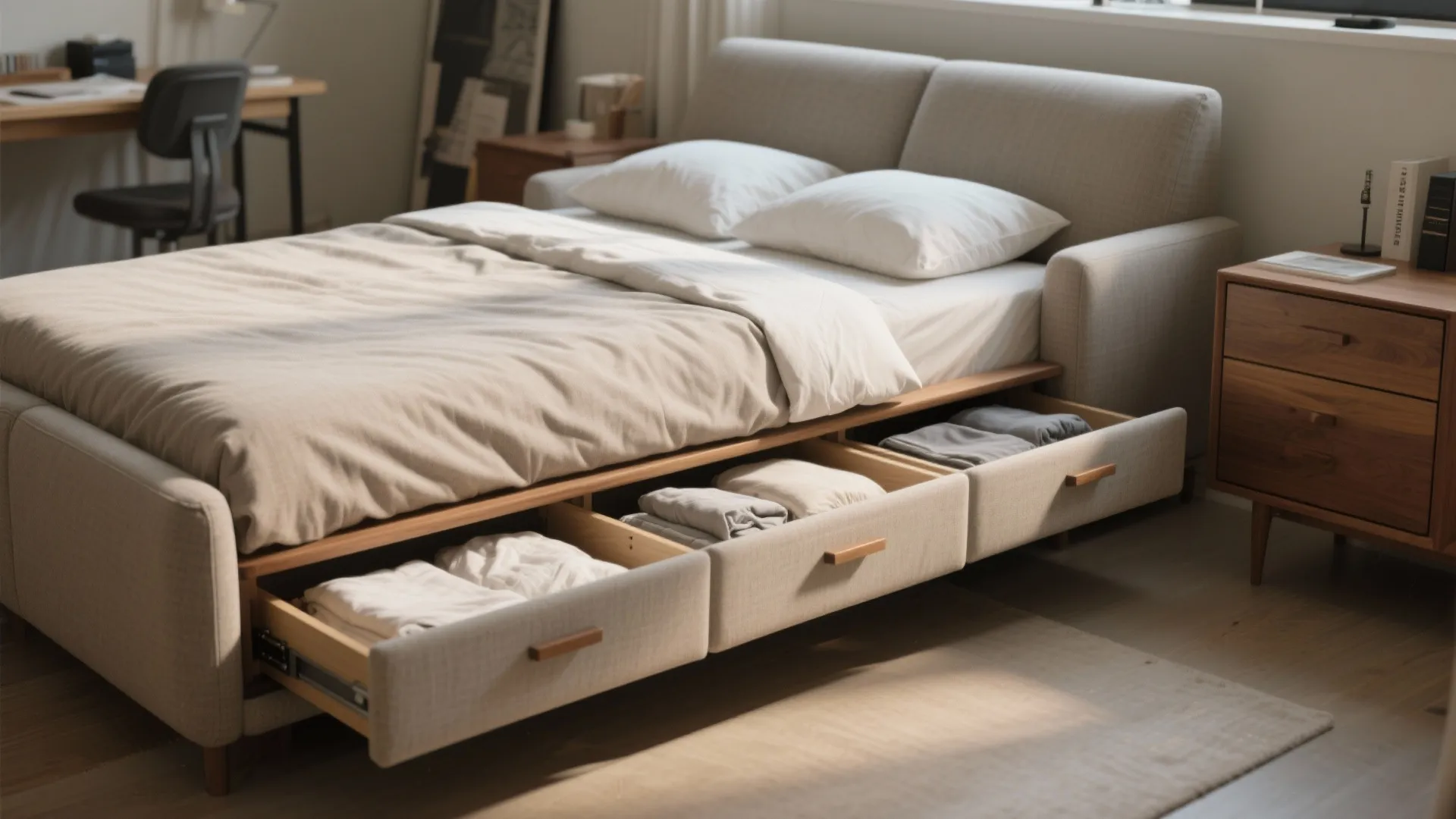 Convertible sofa-bed with under-seat storage drawers opened showing linens in a small studio.