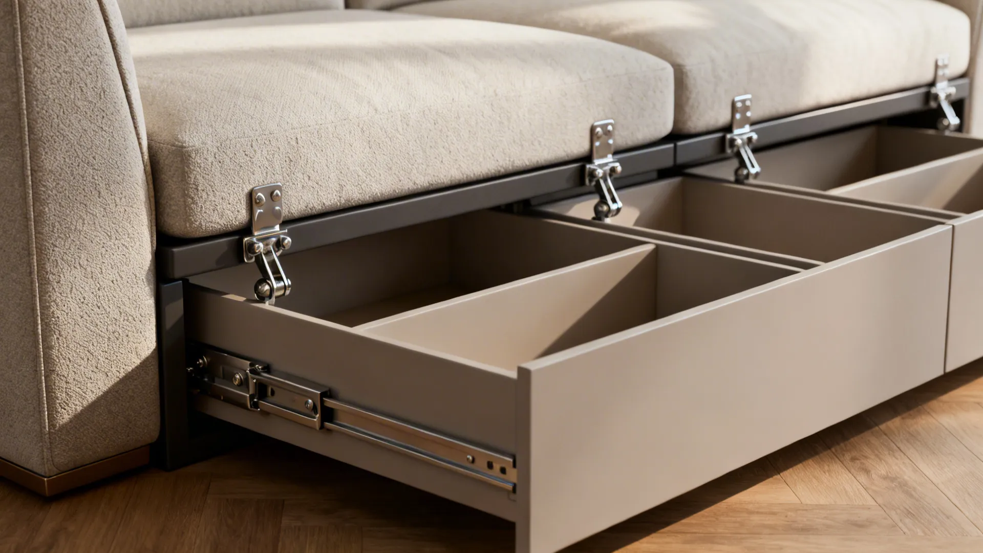 Close-up of a convertible sofa showing the bed mechanism and built-in storage drawers.
