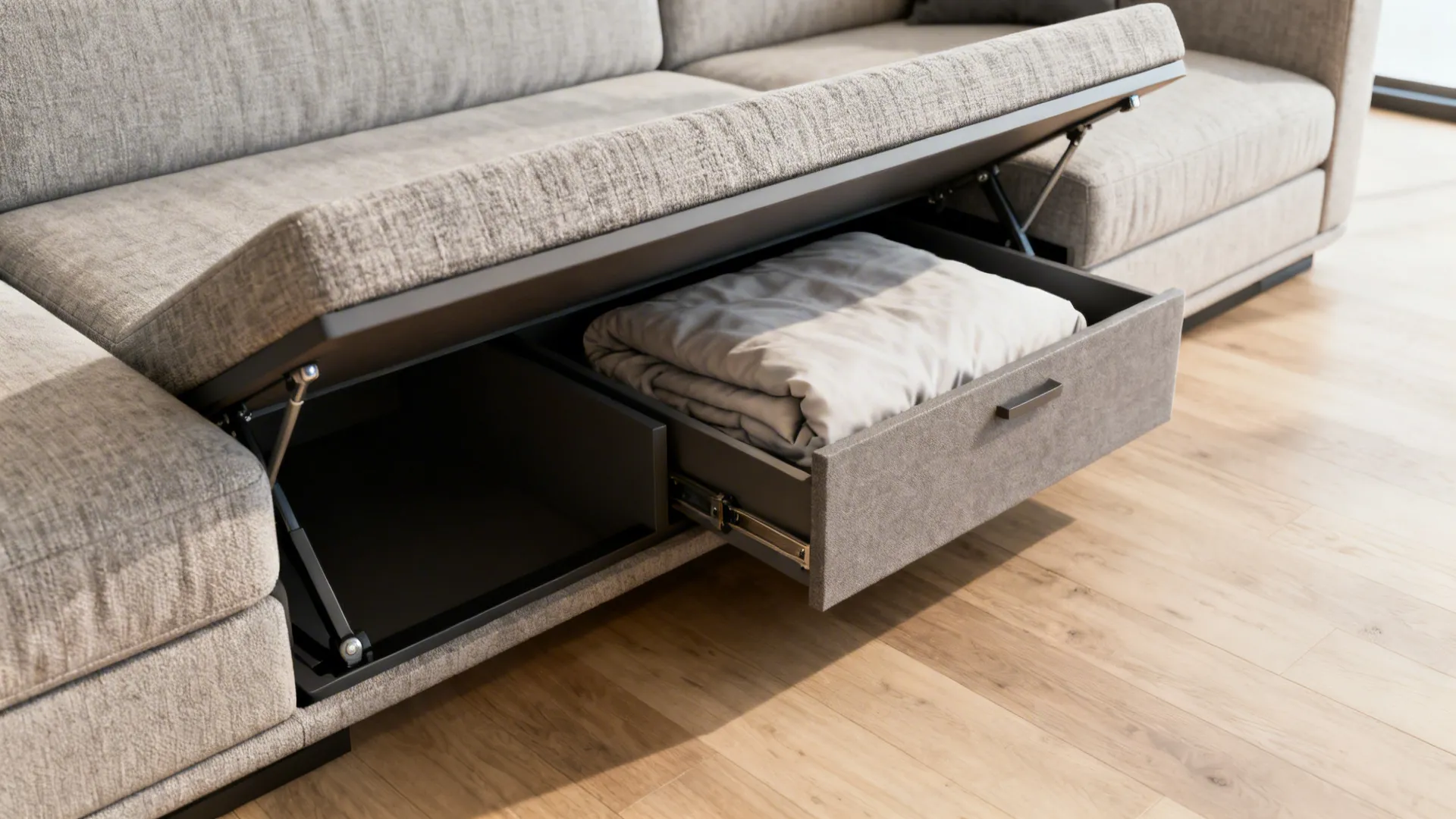 Multi-function sofa-bed with under-seat storage drawers open showing neatly stored bedding