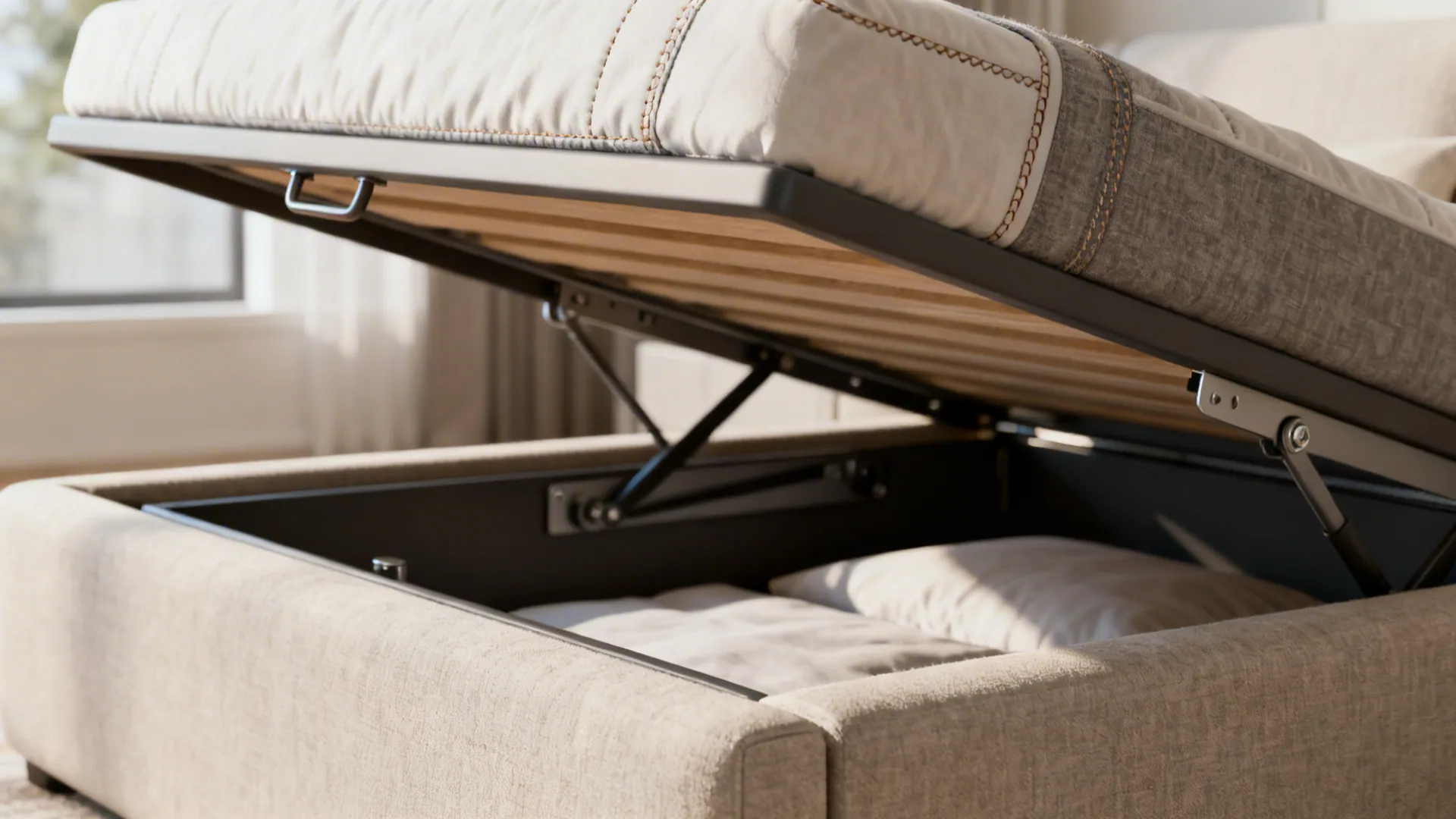 Sofa bed with under-seat drawers and visible storage mechanism in soft daylight.