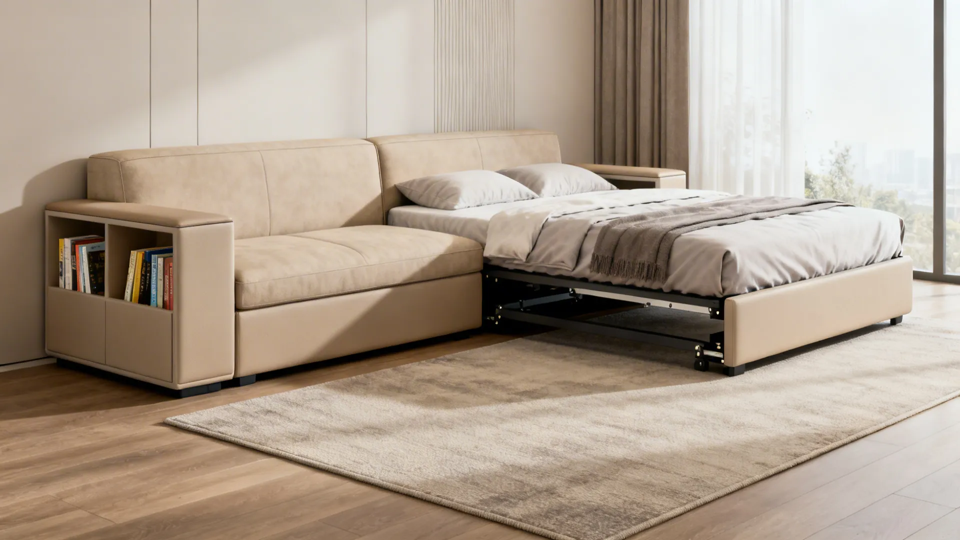 Modern sofa bed with storage arms shown as a sofa and fully opened bed in a small room.