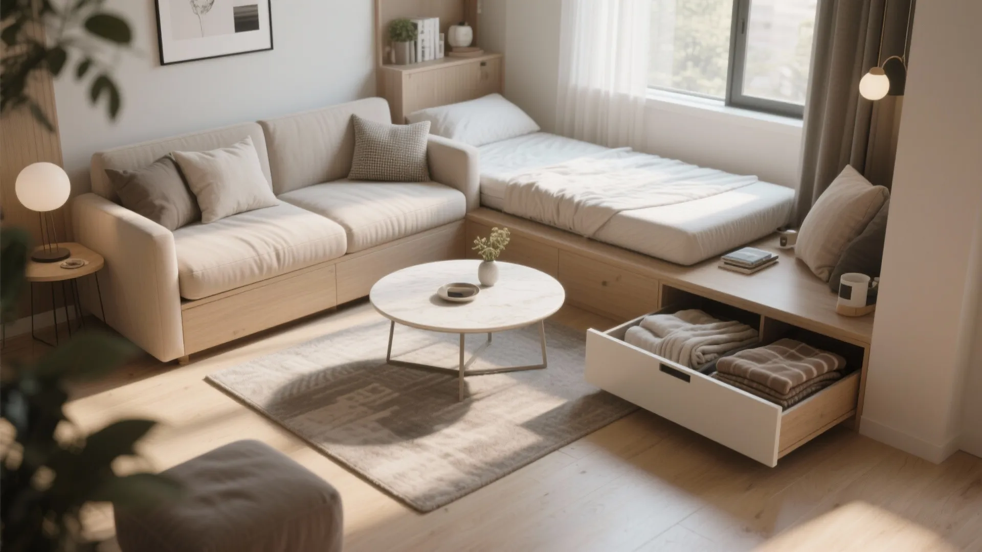 Sofa bed with round coffee table and storage bench showing hidden storage and guest-ready layout