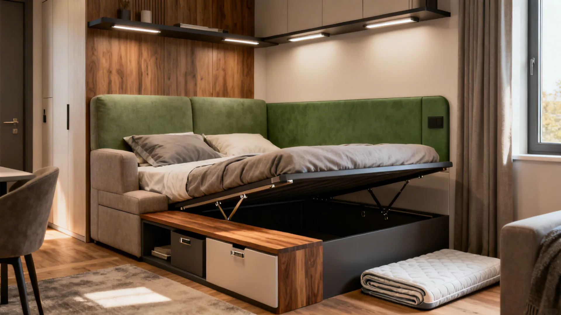Modern studio apartment showing grey sofa bed with storage drawers below and green wall panels