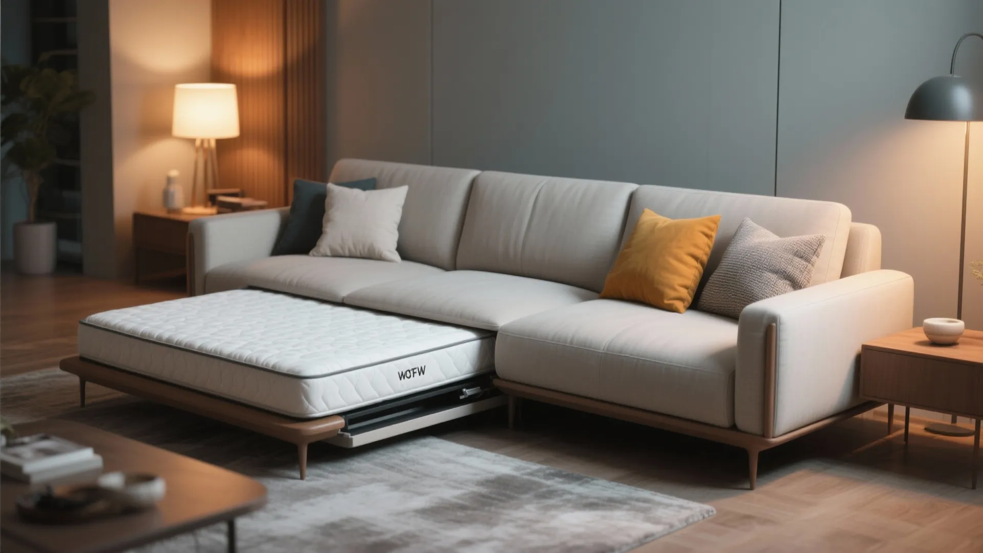 Modern cream sofa bed with colorful pillows and a mattress pulled out in a room