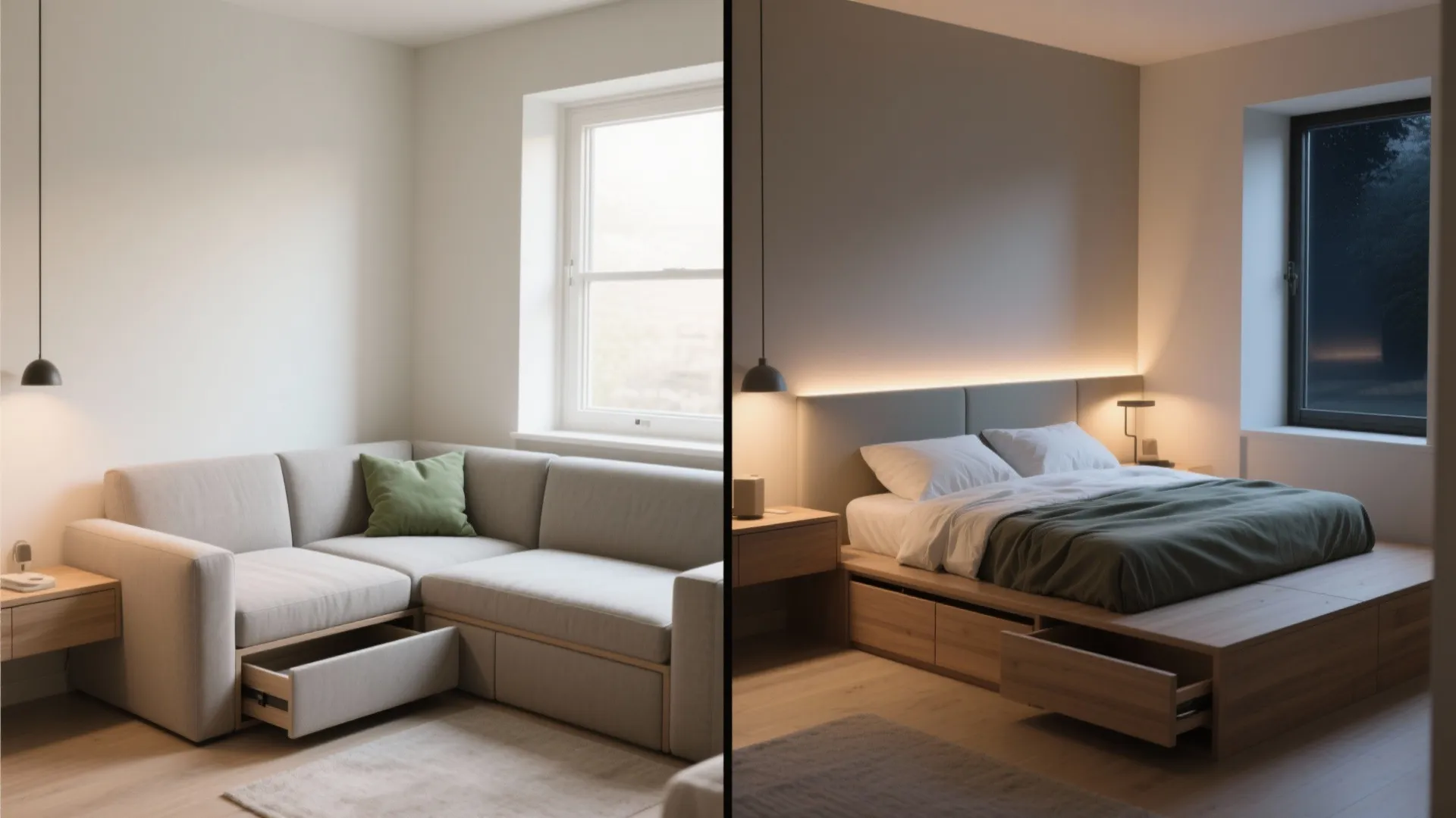 Before and after comparison of a grey sofa transforming into a bed with built in drawers
