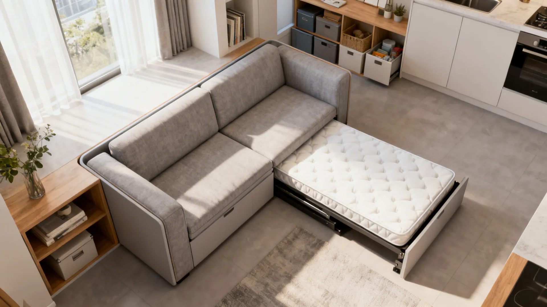 Top-down view of a sofa bed arrangement showing seating and pulled-out bed in a micro-apartment