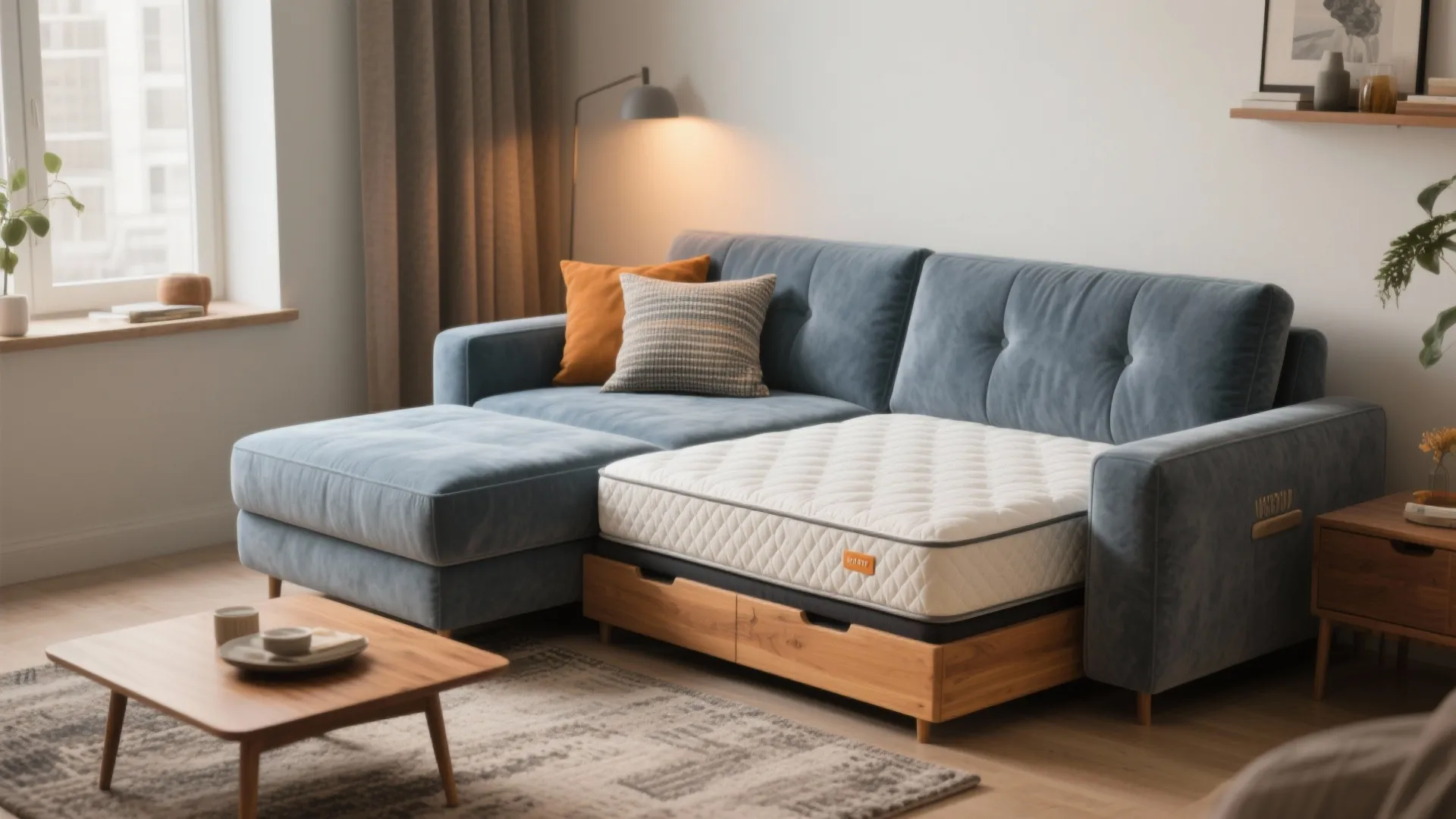 Blue fabric sofa with a white mattress pulled out for sleeping in a cozy room