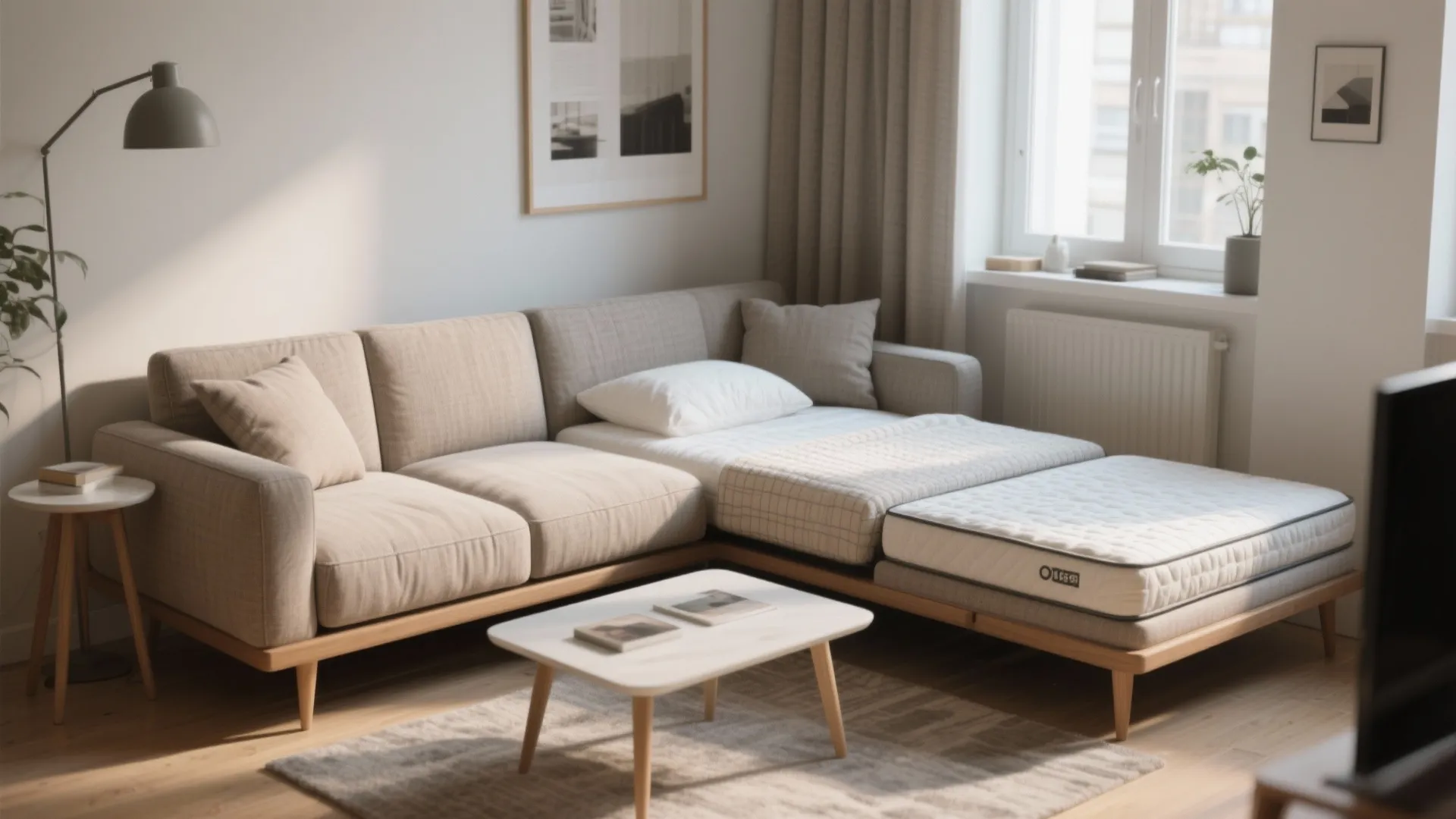 Living room with grey sofa bed white coffee table floor lamp rug and large windows