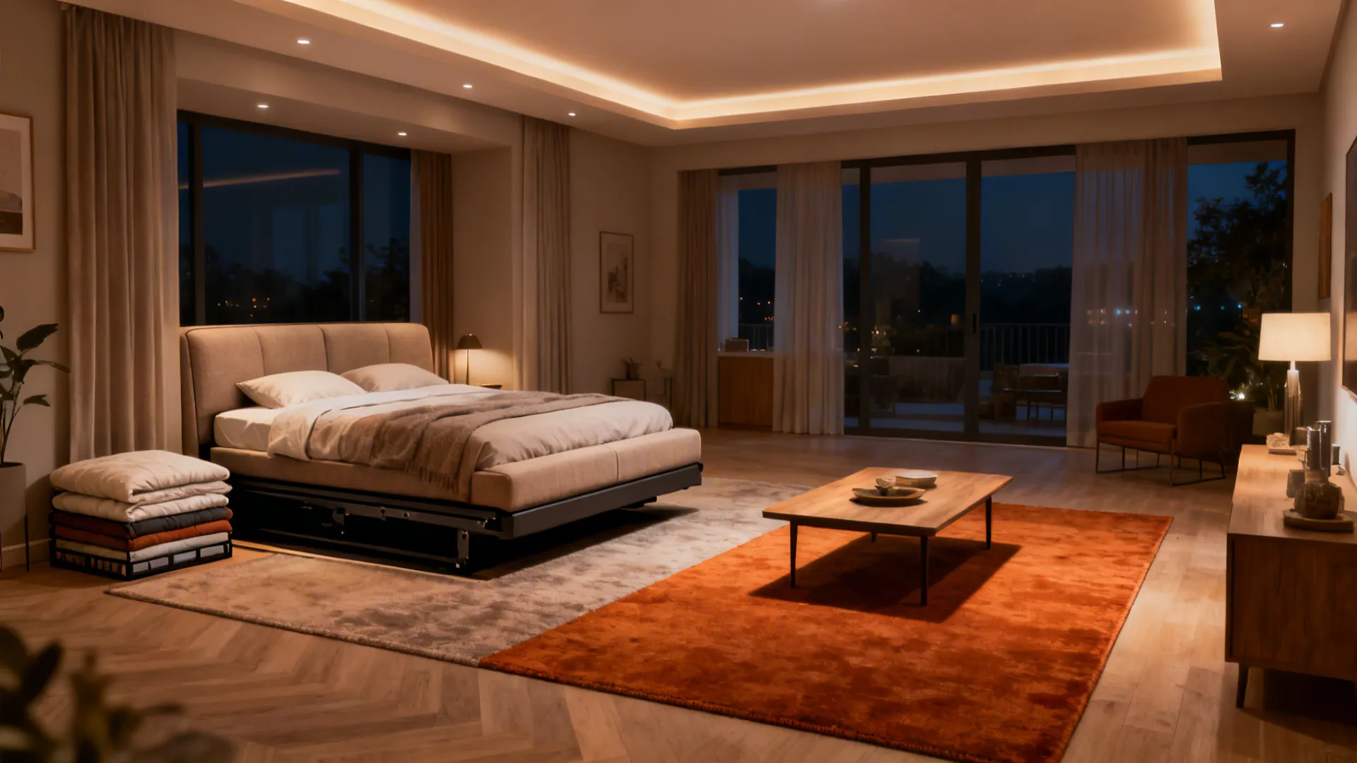 2. Fold-out sofa with zoned rugs