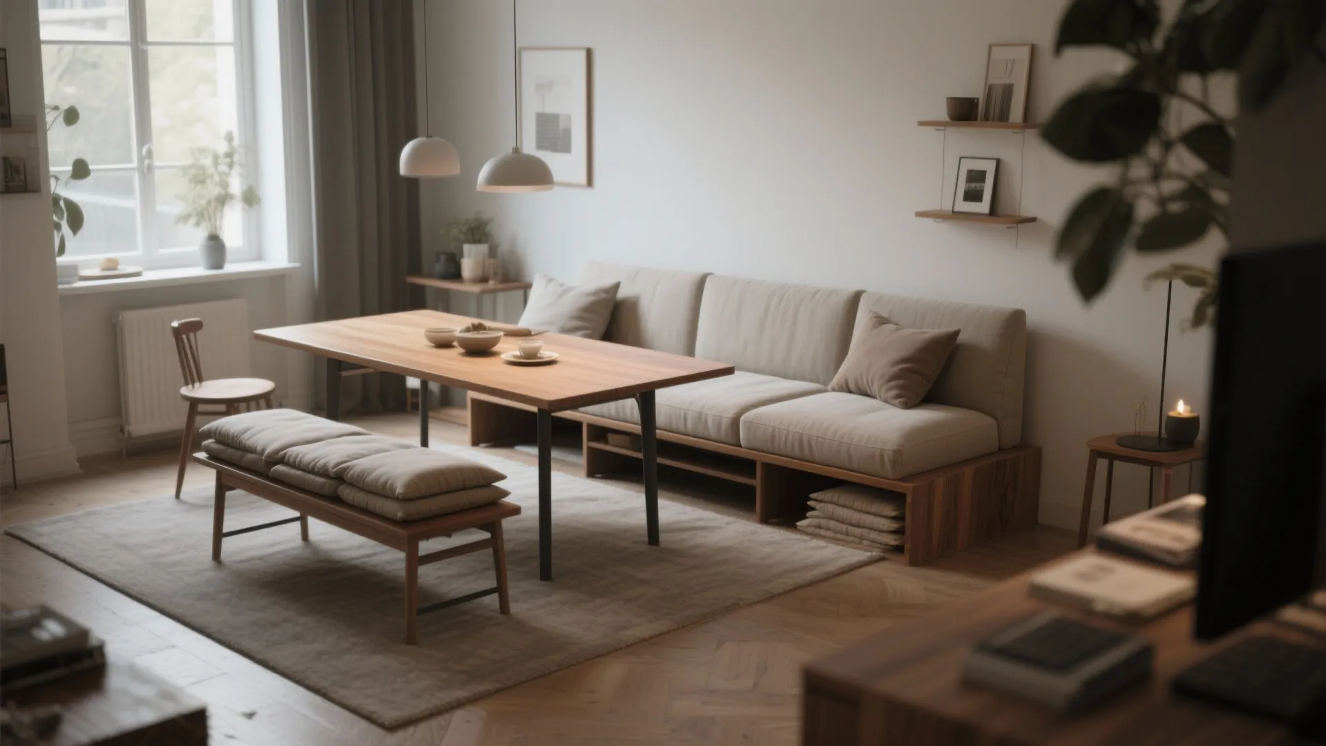 1. Double-duty furniture: sofa bench + extendable table