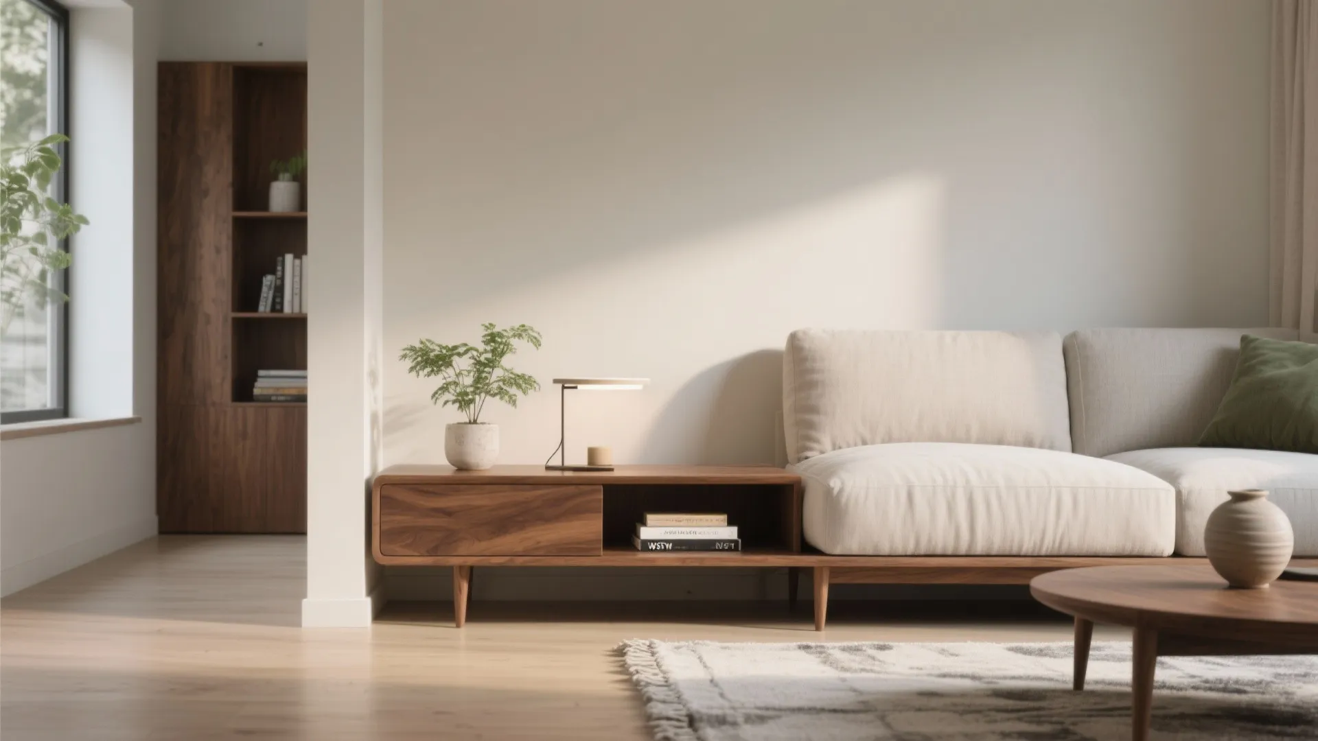 A slim walnut bench behind a sofa works as a divider and extra seating without blocking sightlines.