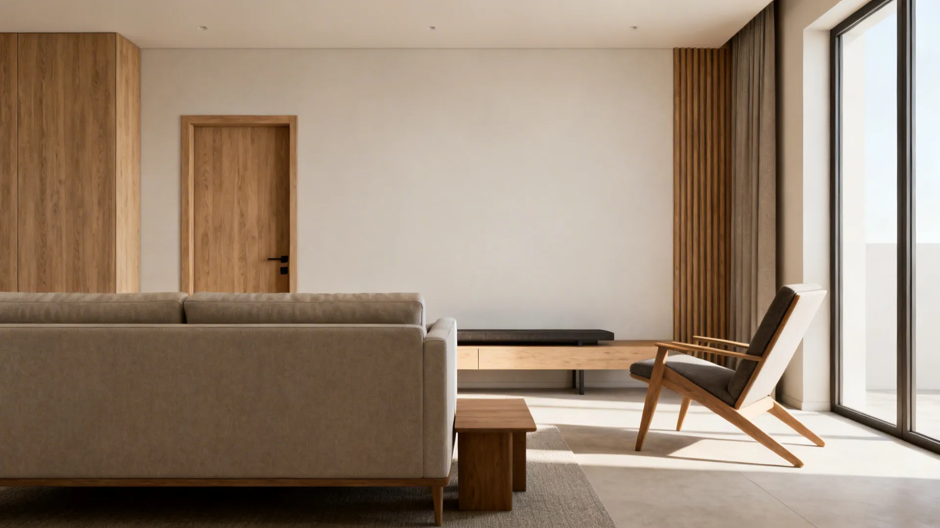 Sofa with a slim bench behind it and an angled chair to improve flow and support