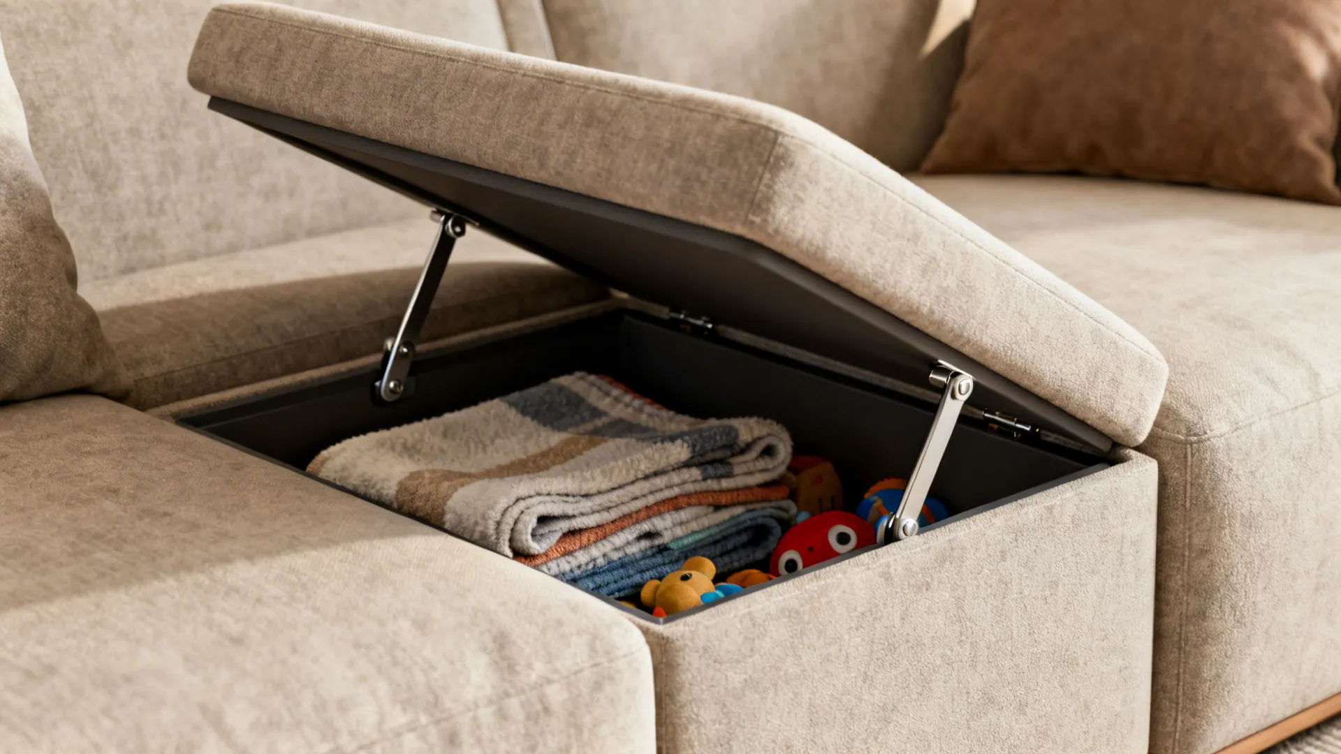 Close-up of a corner sofa showing built-in storage with soft-close mechanism and stored blankets.
