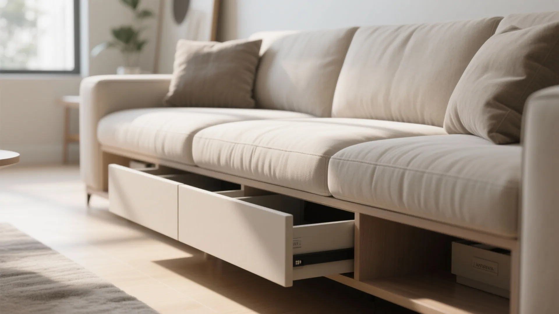 Modern cream sofa with built-in wooden storage drawers showing practical space saving living room design