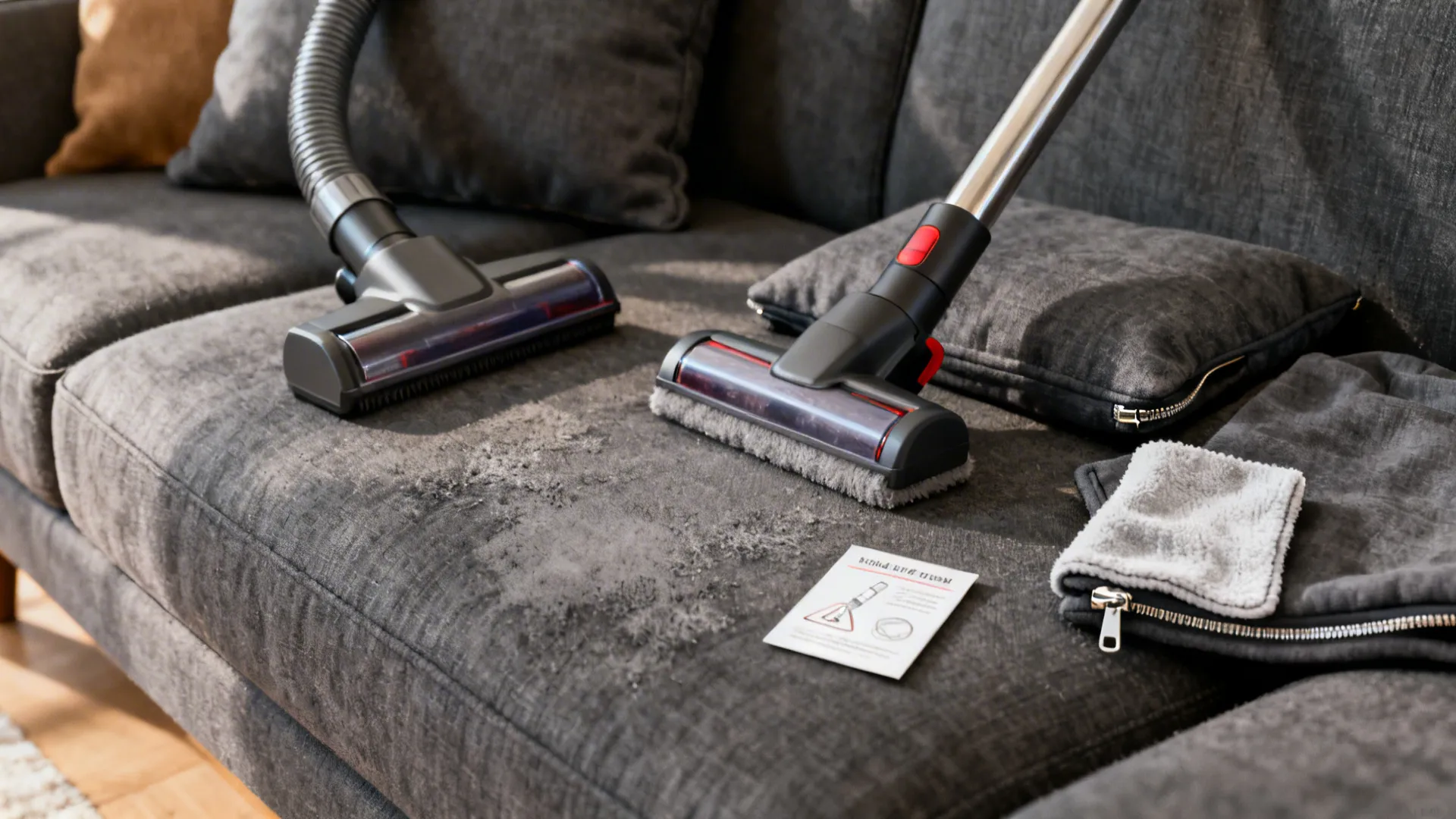 Care tools for dark grey upholstery: vacuum attachment, removable cushion covers and stain cloth.