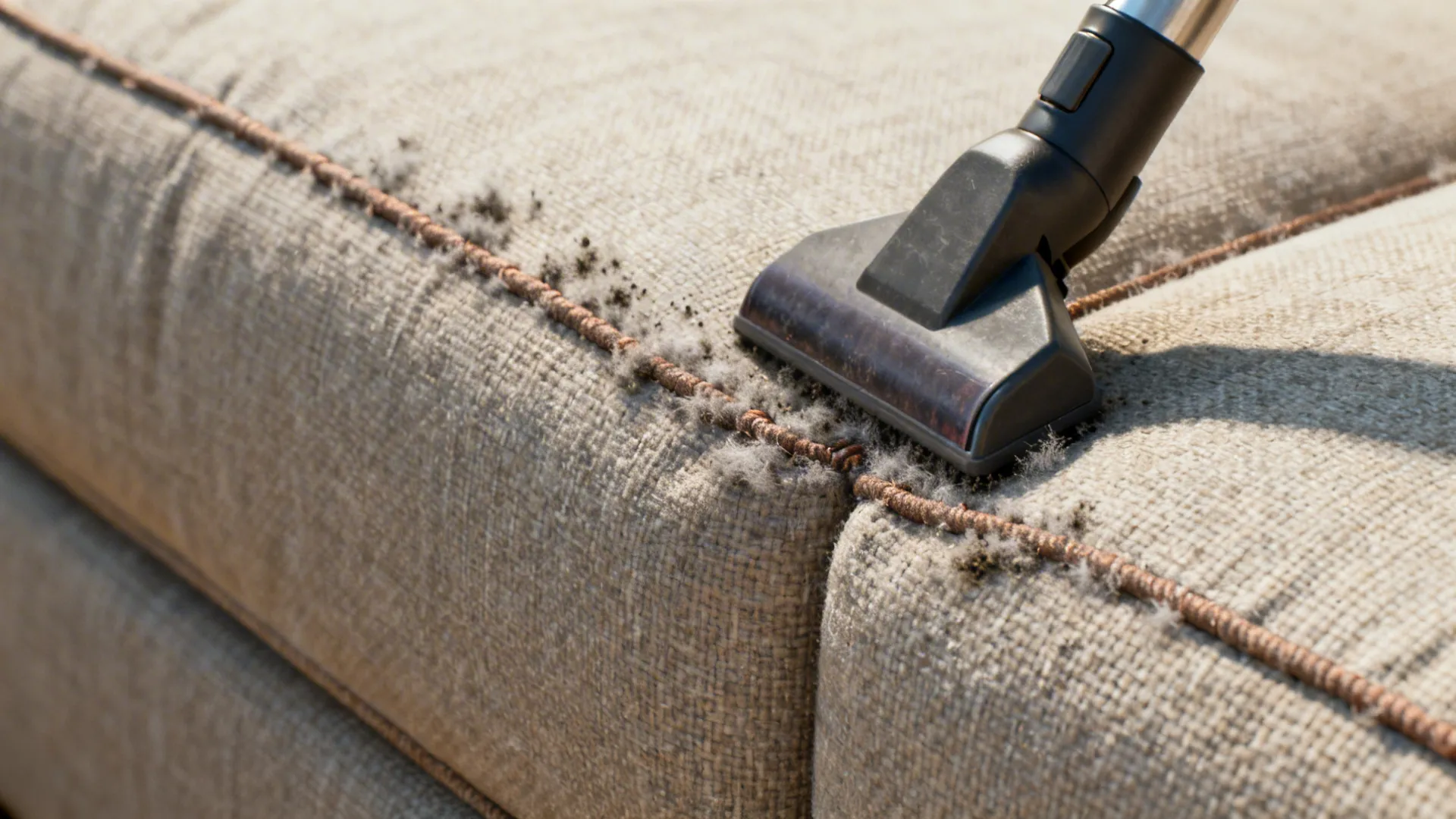 Macro of a vacuum nozzle cleaning a sofa seam on a tight-weave fabric.