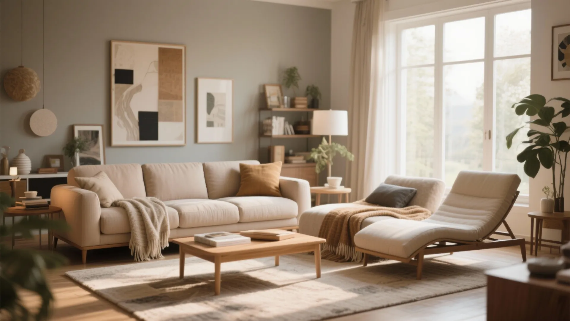 Cozy living room with a beige sofa, two small sofas, wooden coffee table and window