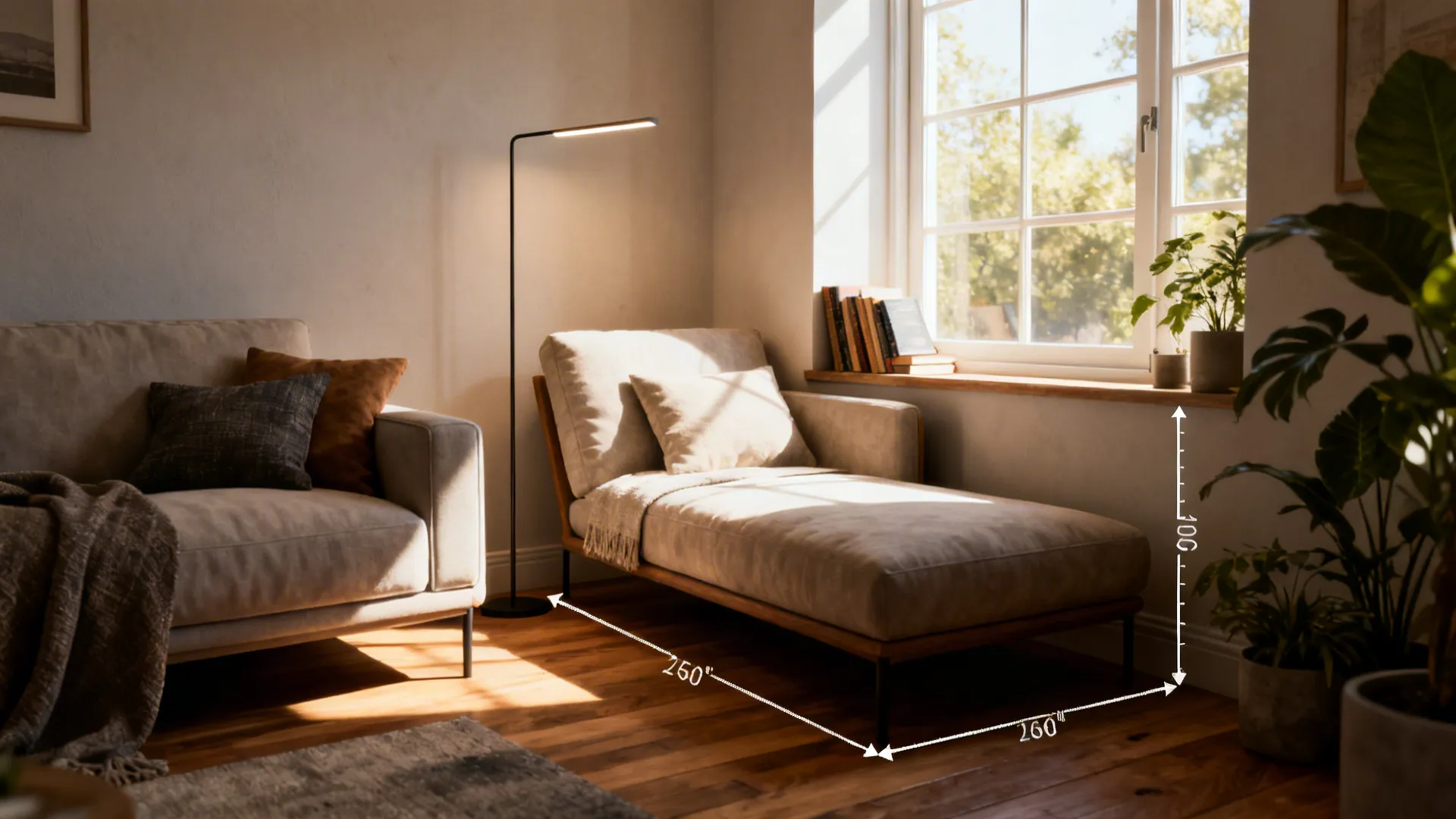 Sofa with a separate chaise angled under a window creating a reading nook in a small living room.