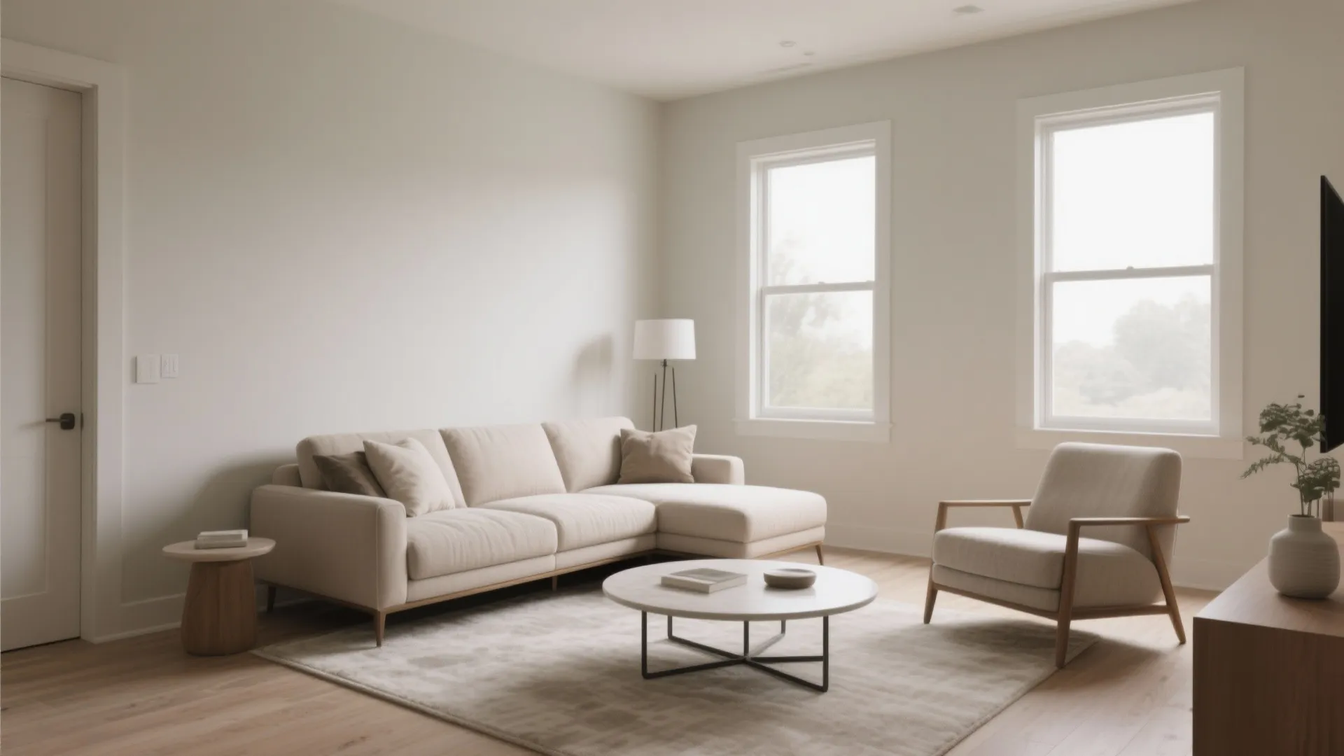 Bright minimalist living room featuring a cream sofa armchair round coffee table and floor lamp