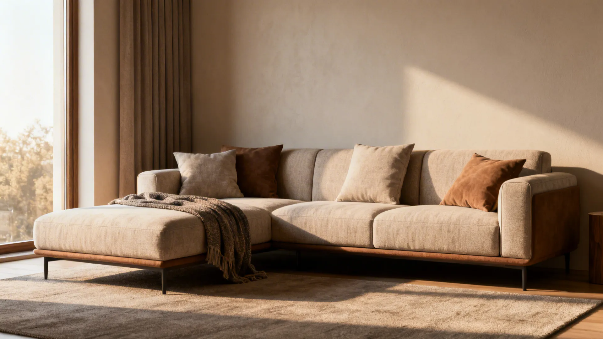 Living room with chaise against the wall to keep circulation open and balanced sightlines.