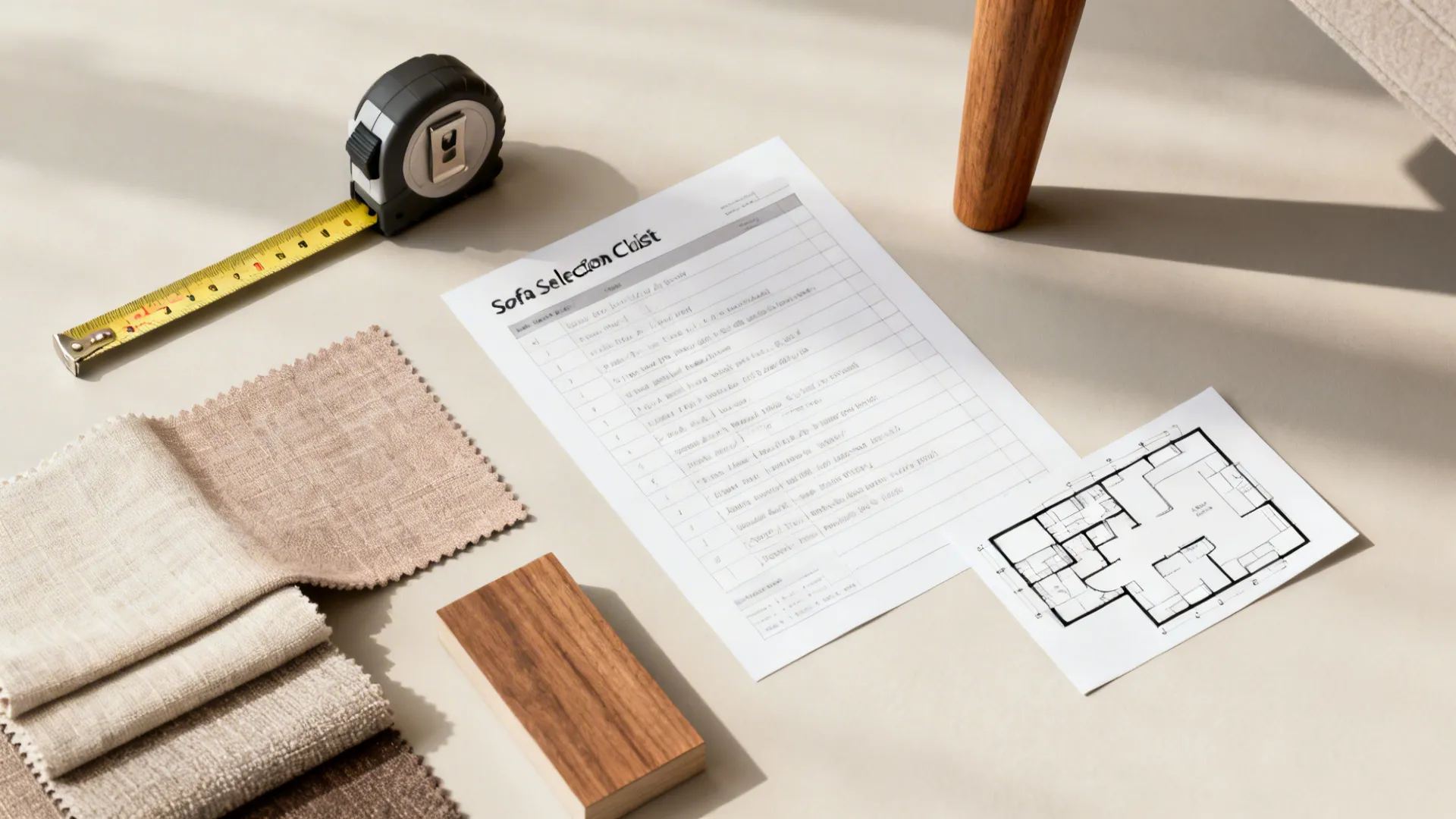 Flatlay of a sofa buying checklist including measuring tape, fabric swatches and floorplan mockup.