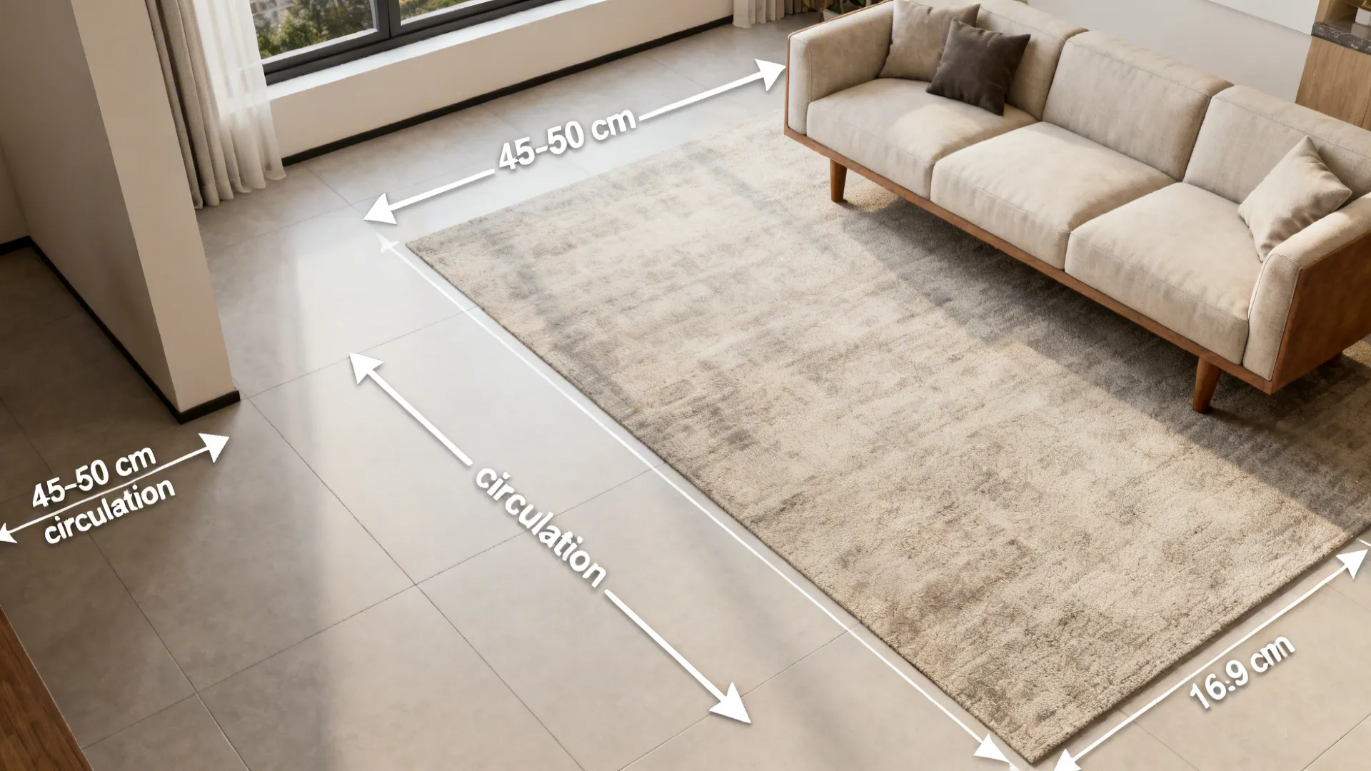 Top-down room planner view illustrating 45–60 cm circulation space in front of a compact sofa