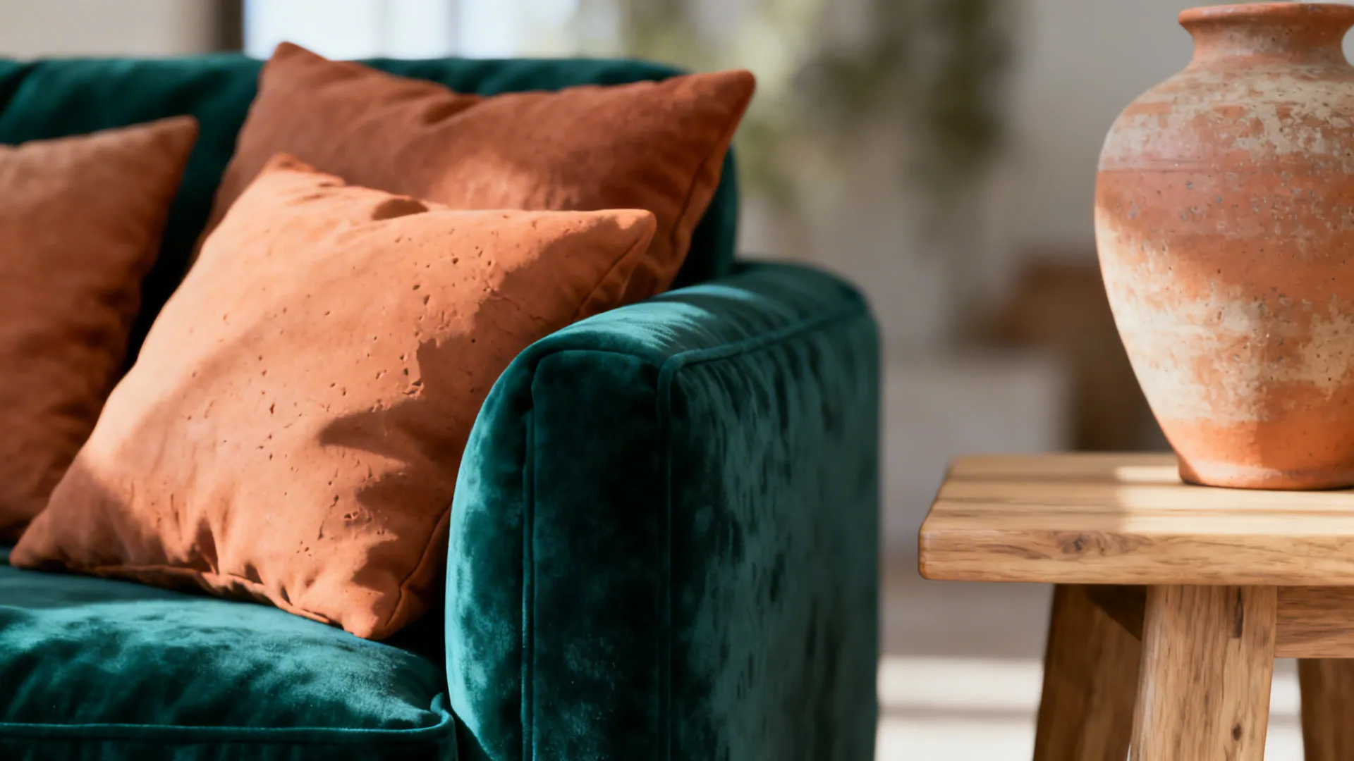Close view of green sofa corner with orange pillows and clay vase on wooden table