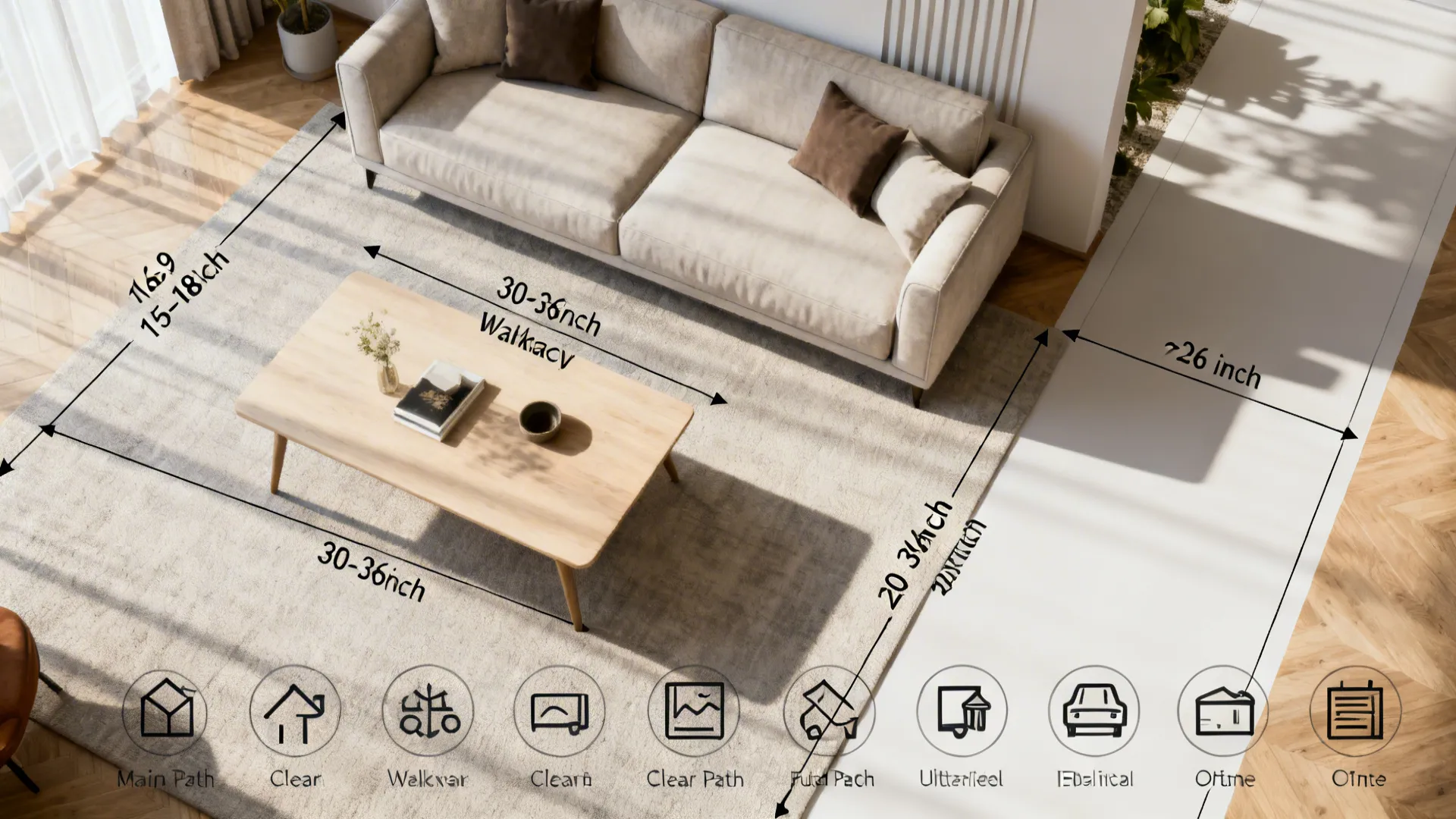 Top-down spacing guide showing clearances between sofa, table, and walkways.
