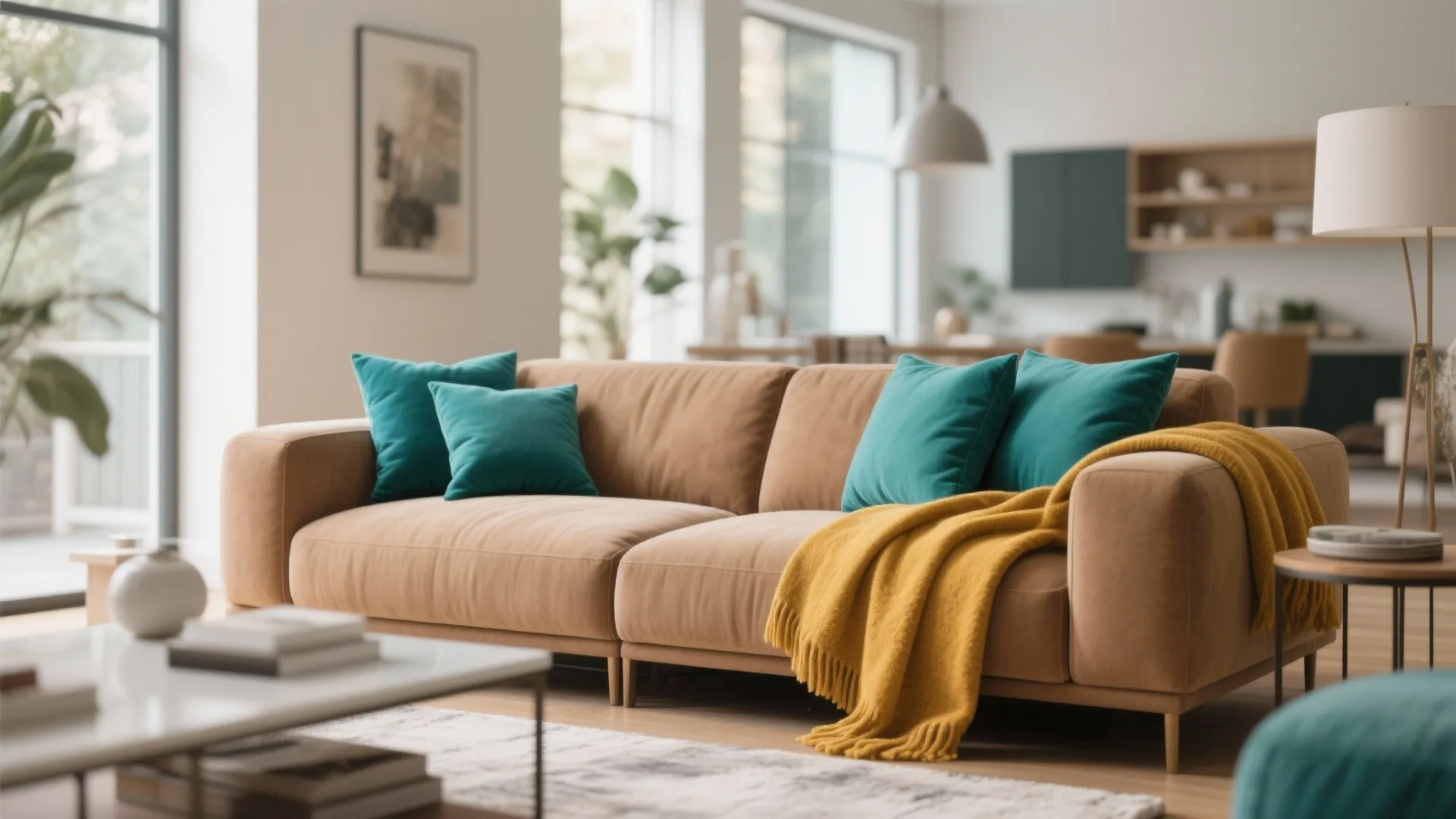 Beige fabric sofa decorated with teal pillows and yellow throw blanket in a bright room