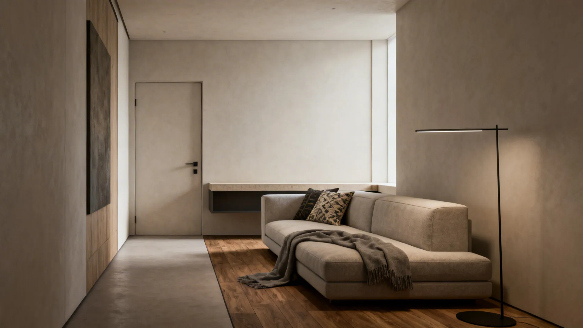 Angled sofa in a small living room positioned to face the entry with a low console behind it.