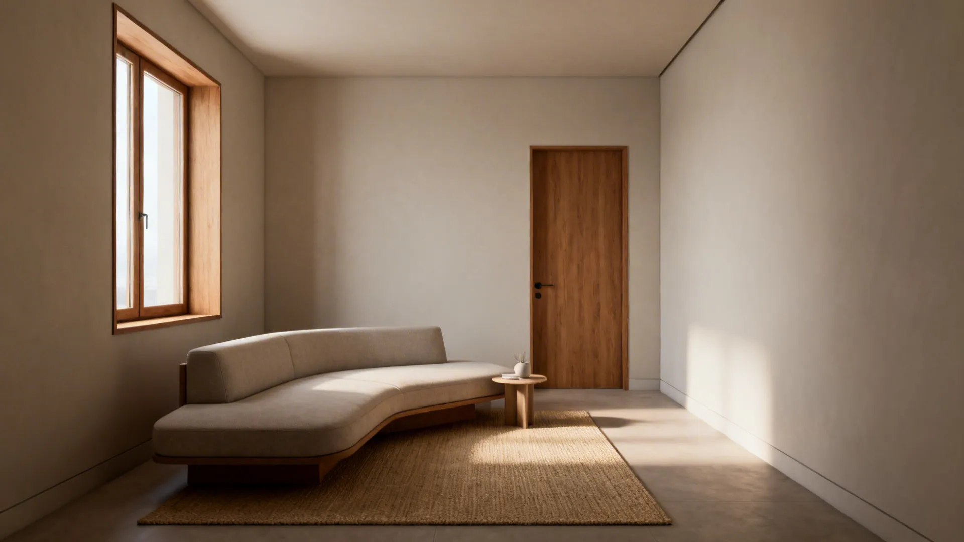 Narrow living room with a low-profile sofa angled to face the door, creating good circulation.