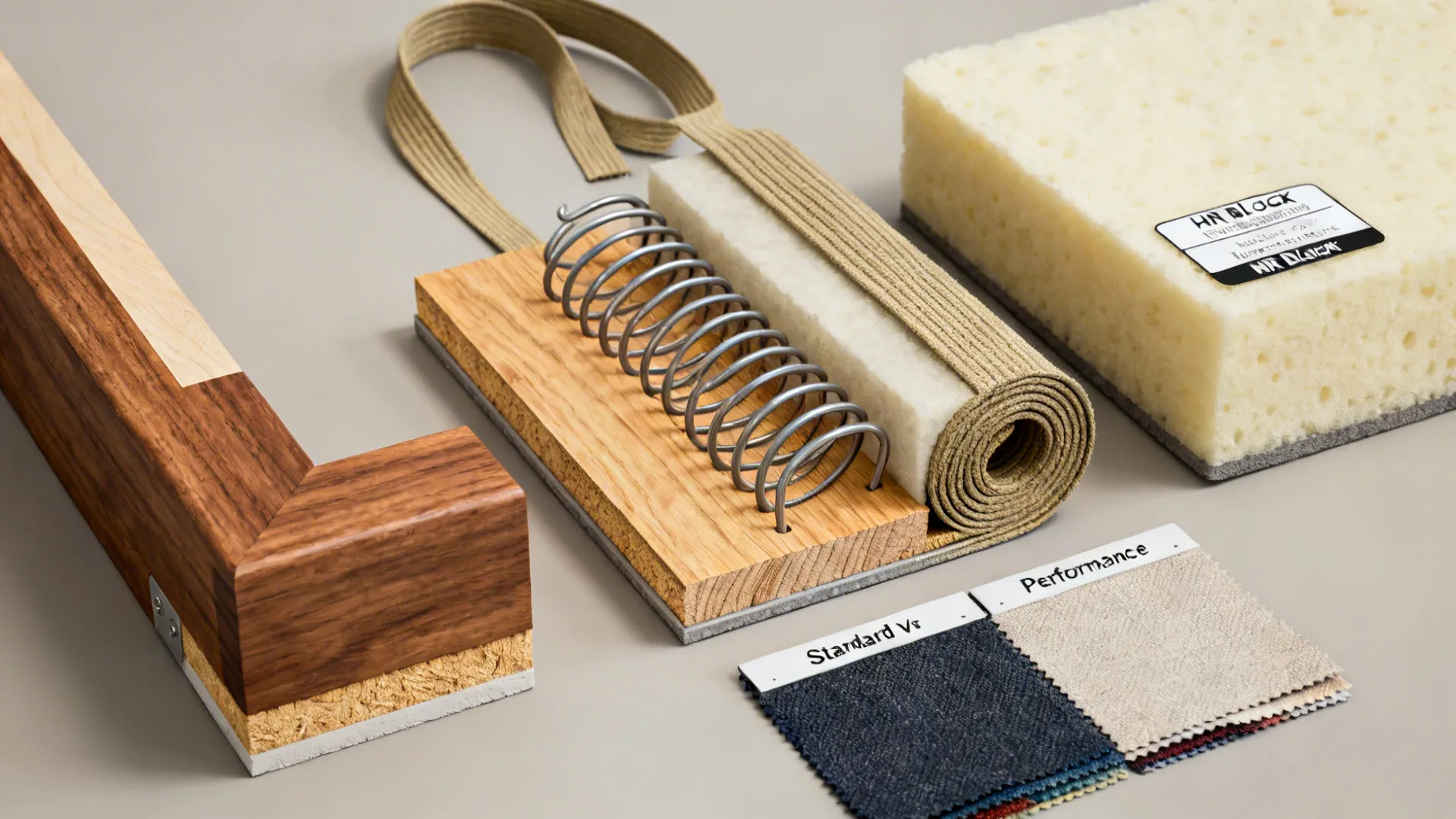 Flat lay of sofa components: hardwood frame block, springs, webbing, foam, and fabric swatches.