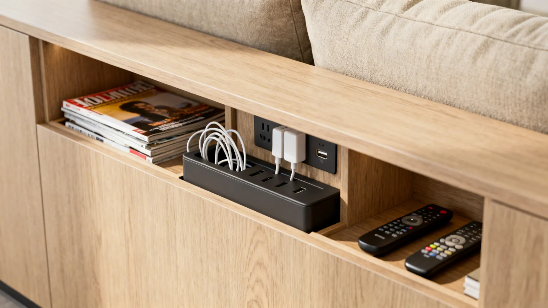 Wooden storage cabinet behind sofa with power outlets charging cables magazines and two television remotes