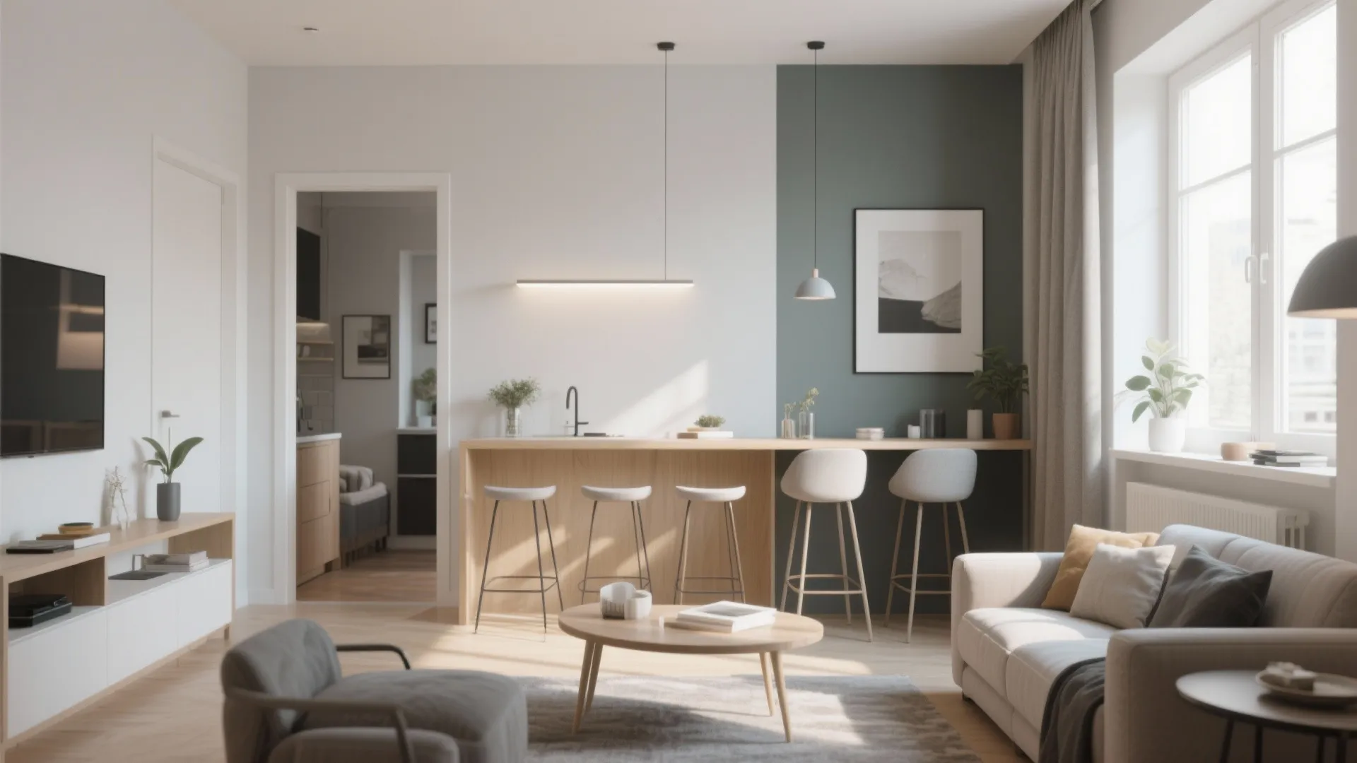 Open living room with wooden breakfast bar featuring three stools and a light grey sofa