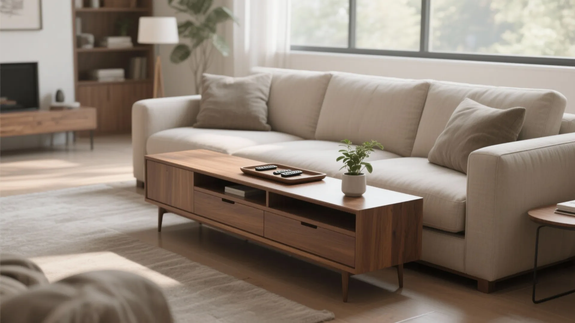Modern living room featuring a long wooden cabinet placed behind a light beige fabric sofa
