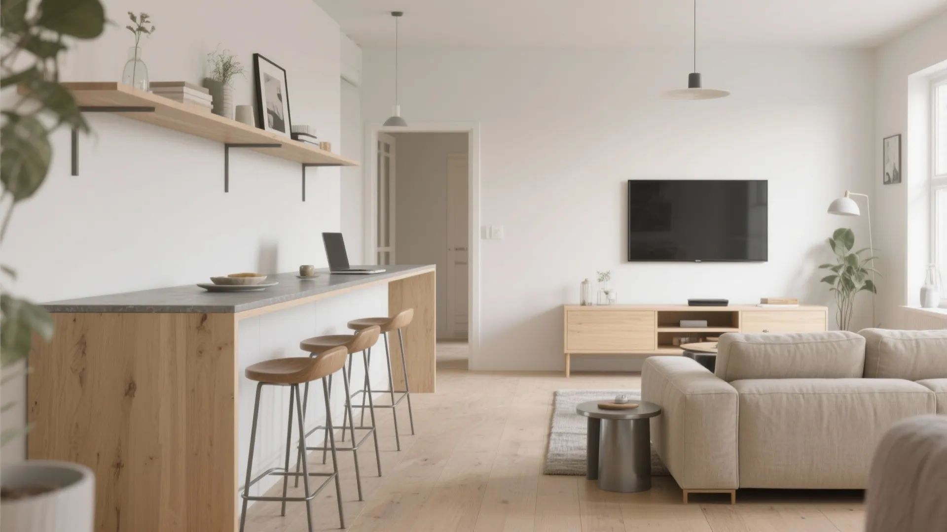 Console behind the sofa as a dining bar