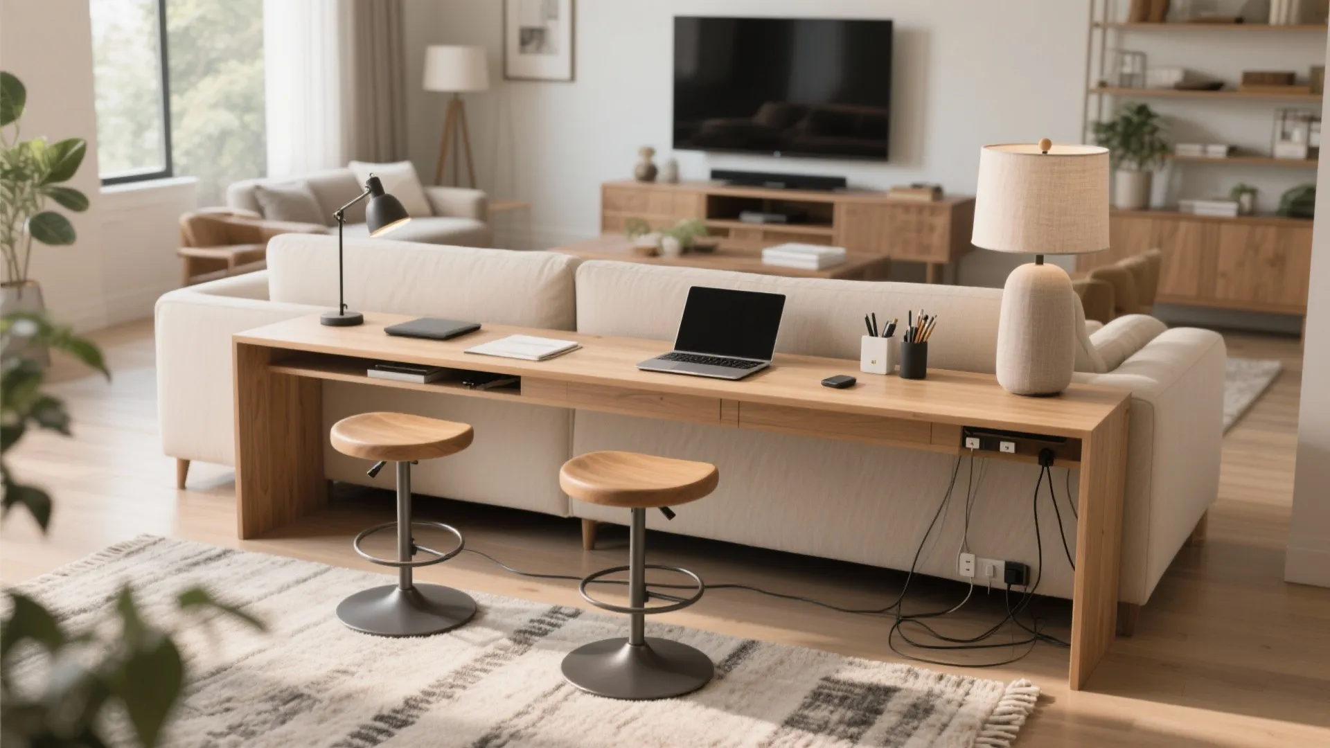 Long wooden desk placed behind a cream sofa in a living room with two stools