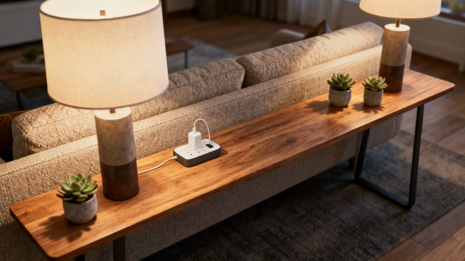 Slim console table behind a sofa with lamps and plants showing a clear circulation path