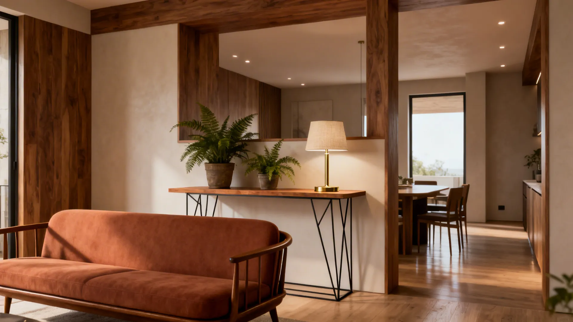Low-back sofa with console table and plants separating living and dining areas