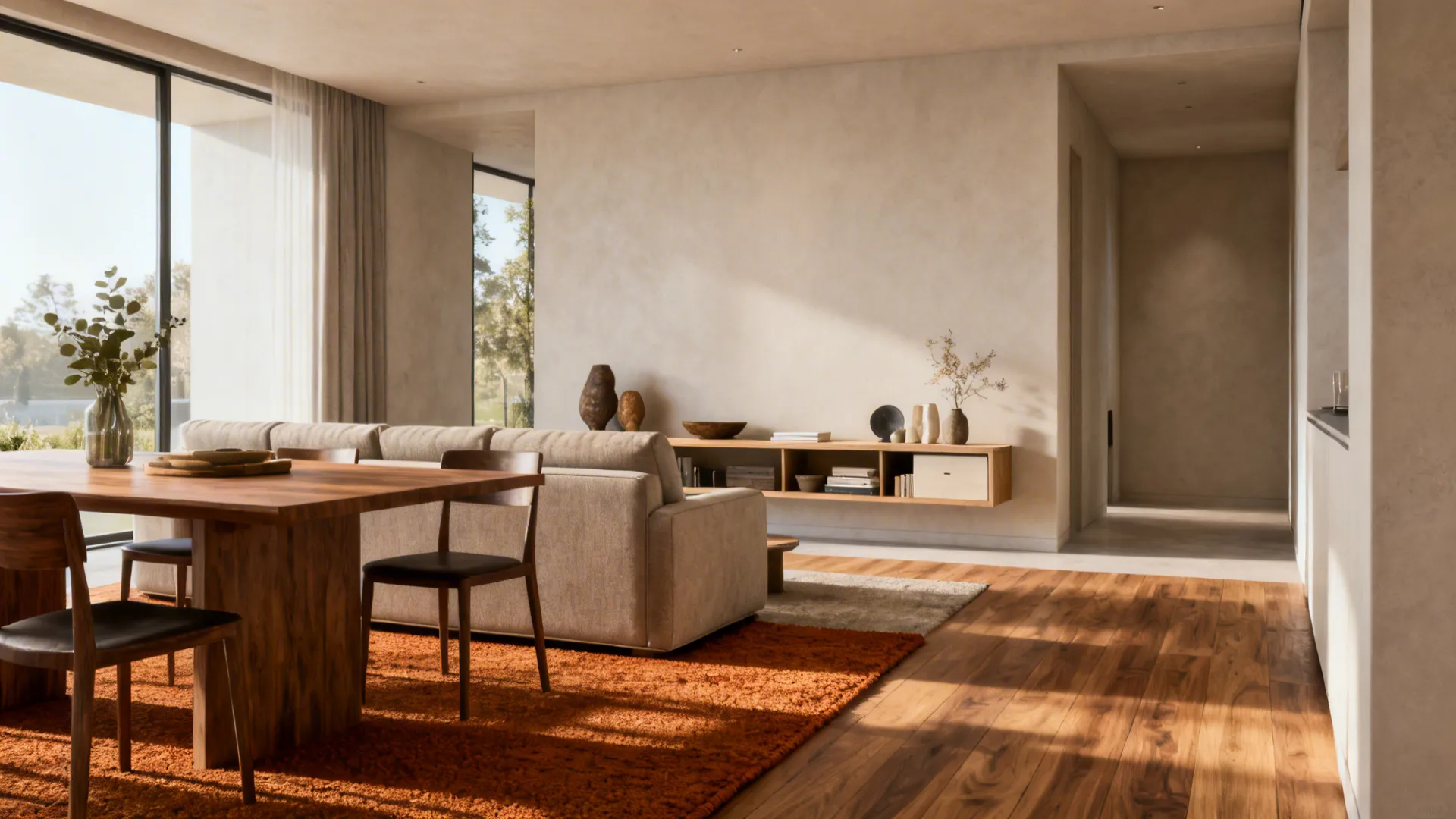 Sofa placed back-to-back with a dining table and low console creating a subtle divider